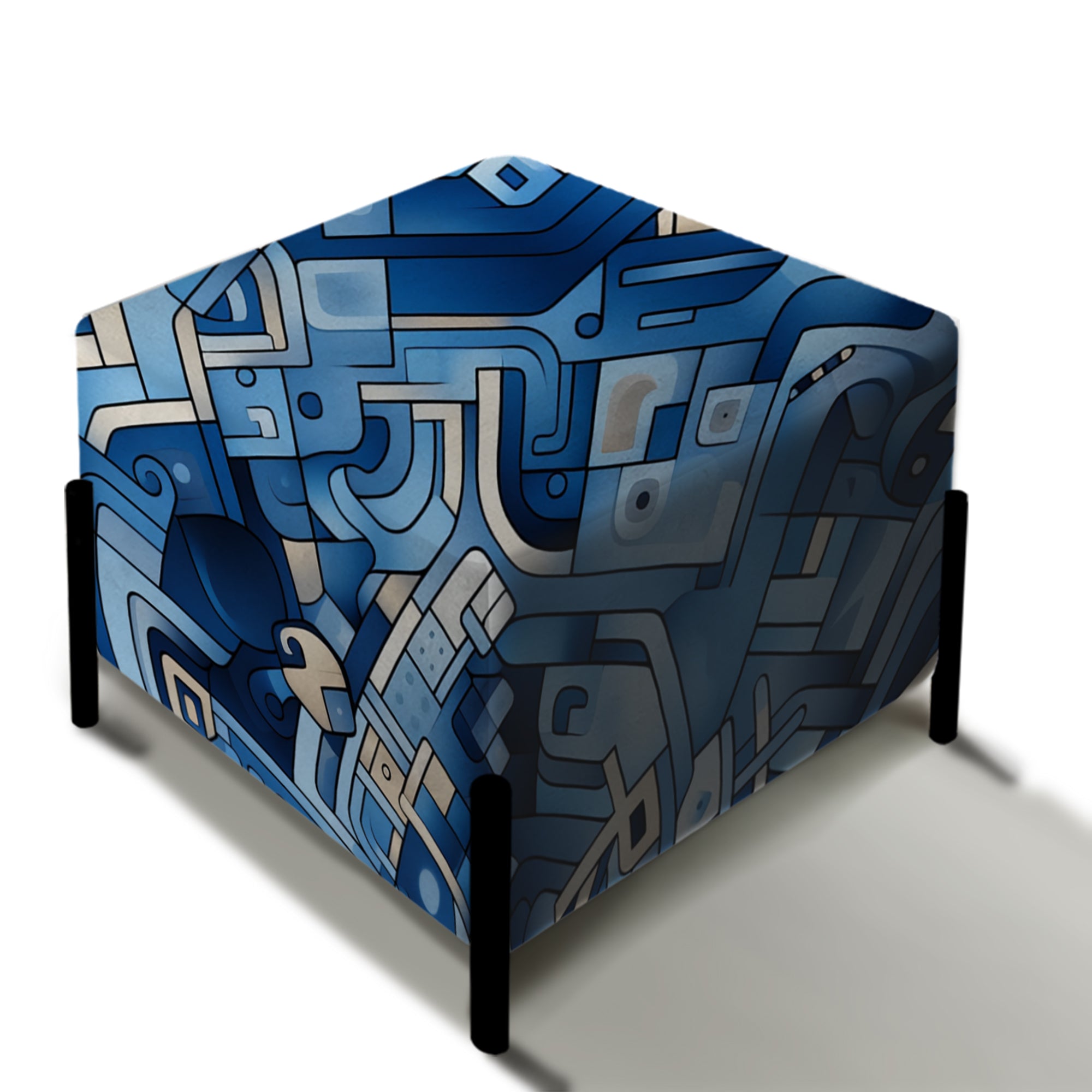 Boho Cobalt Tessellations Geometric - Upholstered Geometric Vanity Stool - Modern Ottoman