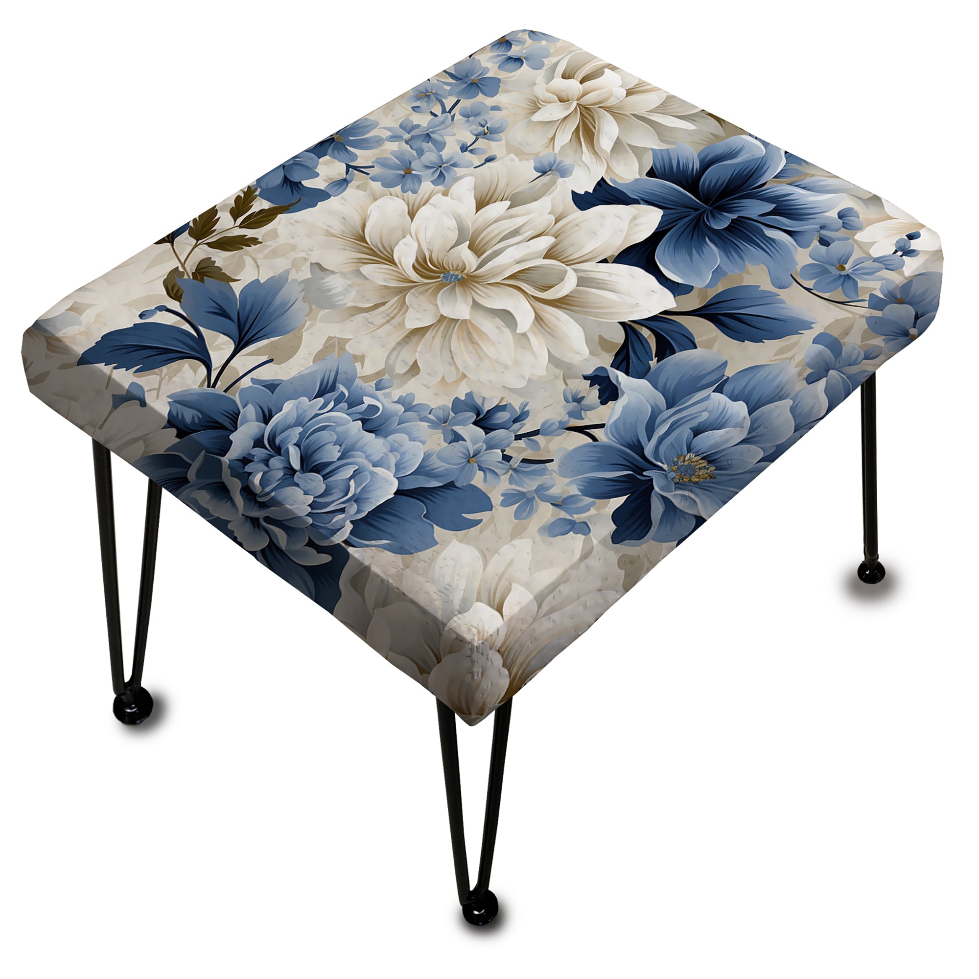 Floral Blue And White Victorian Pattern I - Upholstered Floral Vanity Stool - Traditional Ottoman
