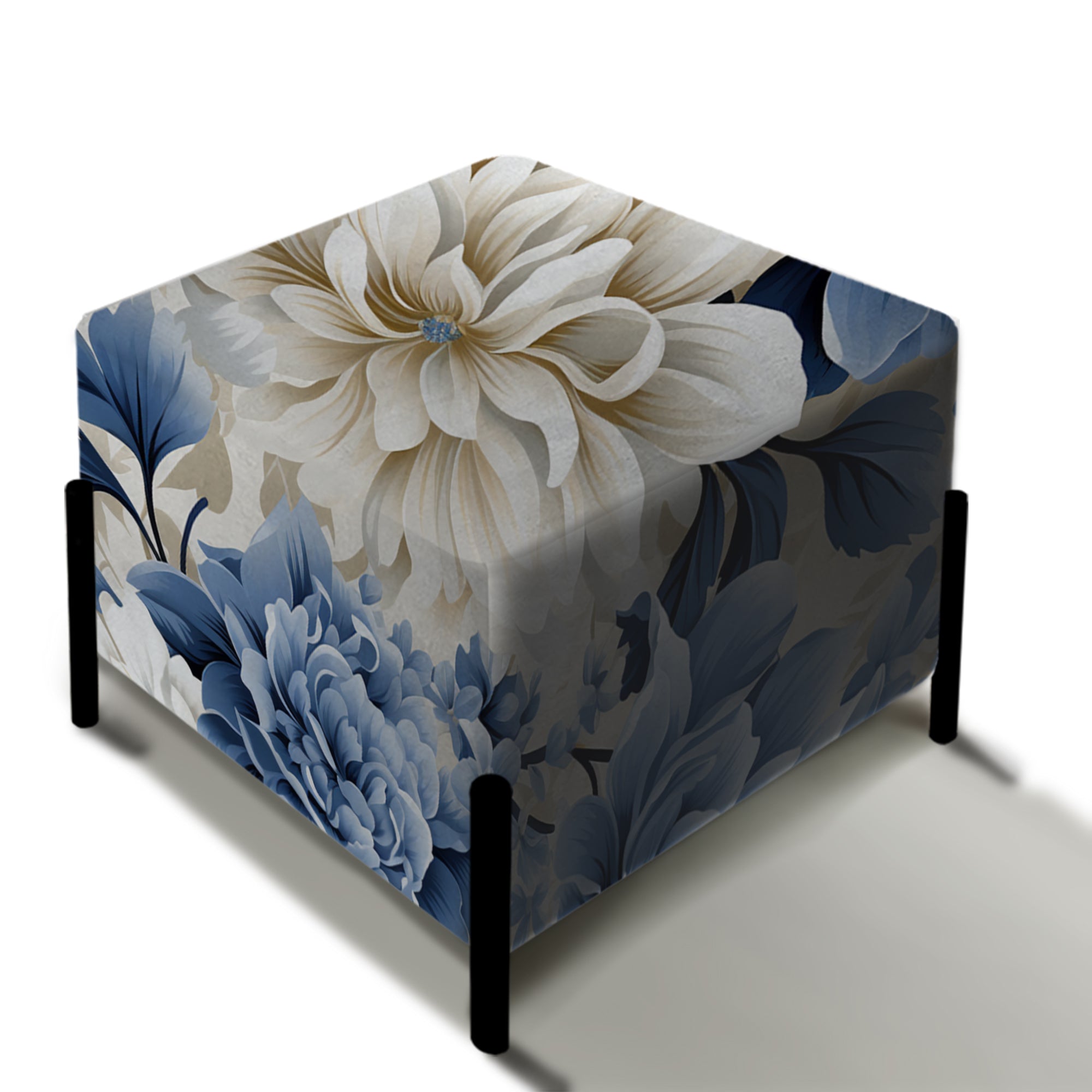 Floral Blue And White Victorian Pattern I - Upholstered Floral Vanity Stool - Traditional Ottoman