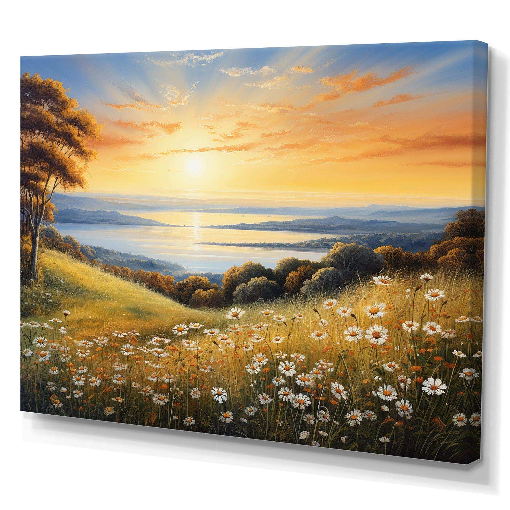 White Green Wildflowers Golden Horizon - Floral Canvas Wall Art