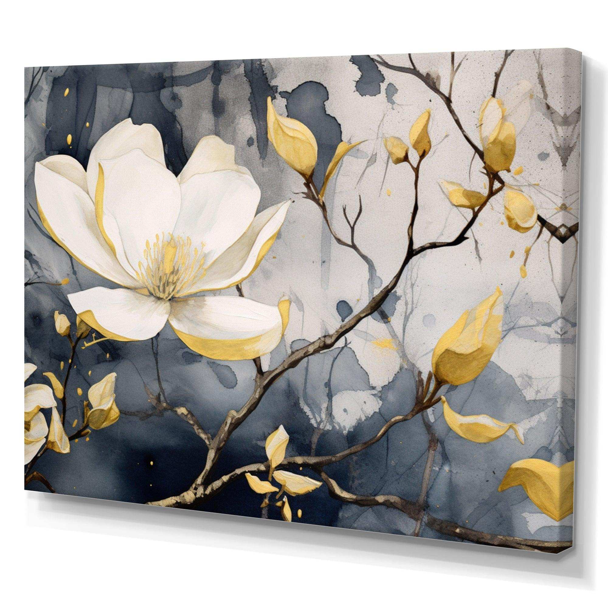 Yellow Grey Magnolias Nature Elegance III - Floral Canvas Wall Art