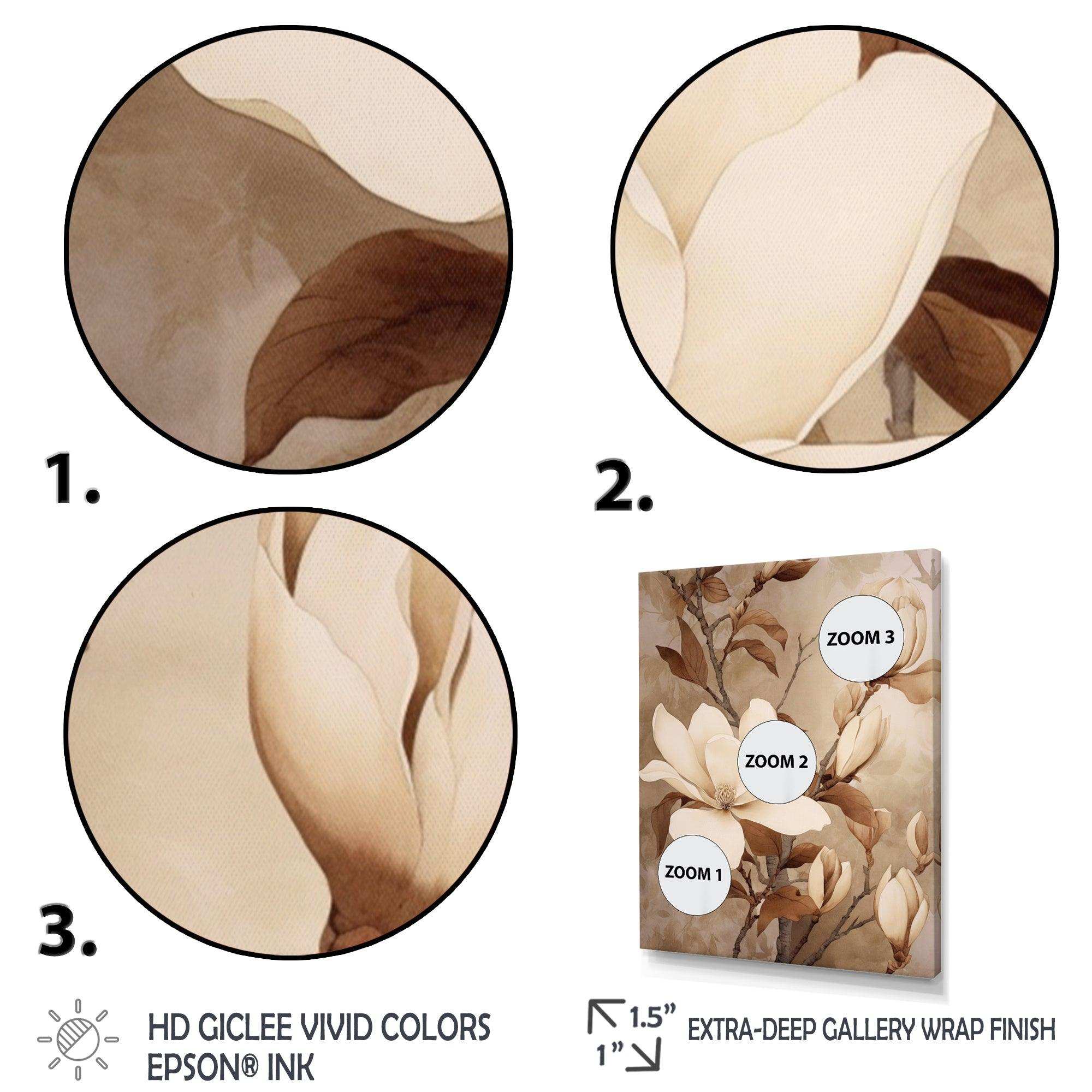 White Brown Magnolias Nature Serenity - Floral Canvas Wall Art