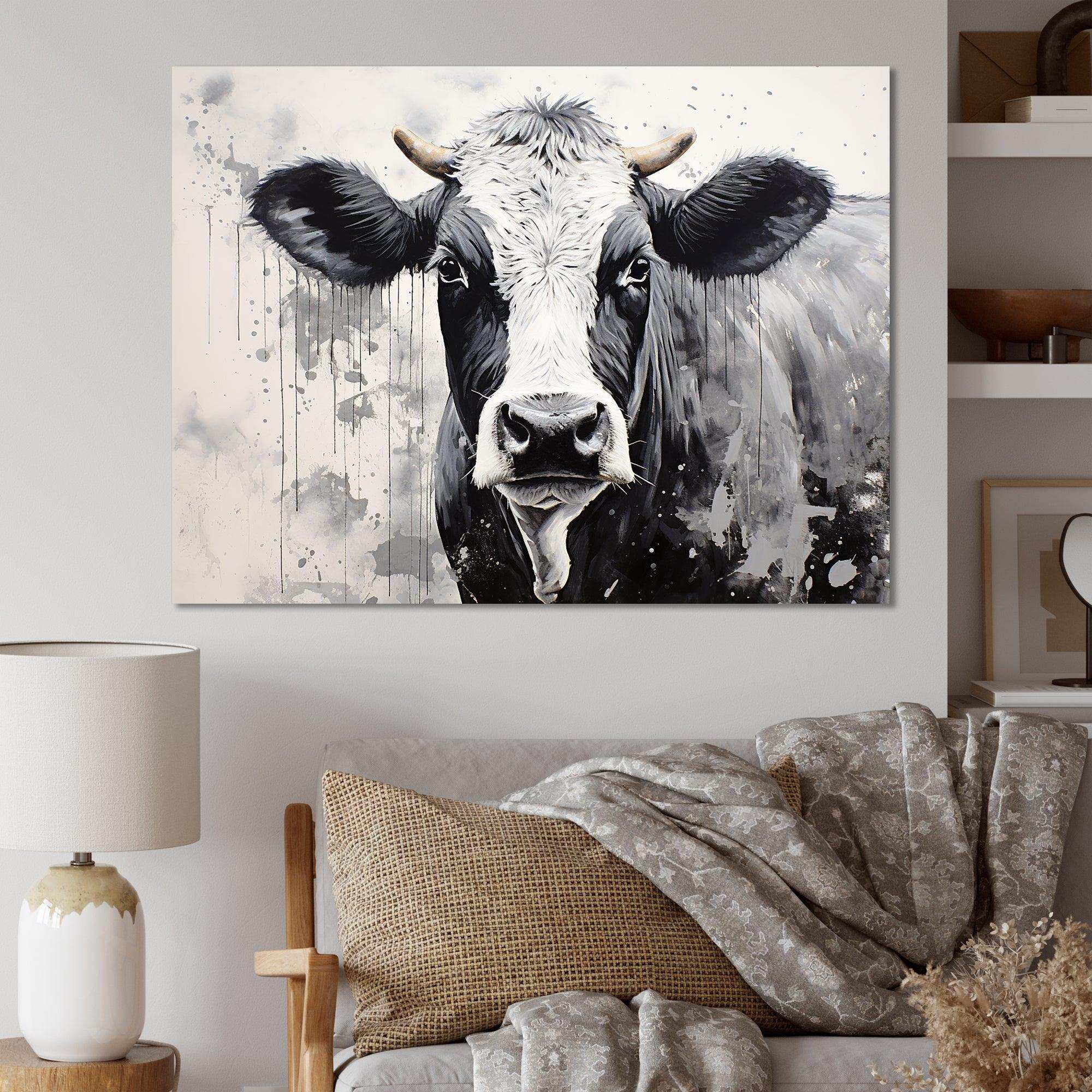 Minimalism Black And White Cow - Animals Canvas Wall Art