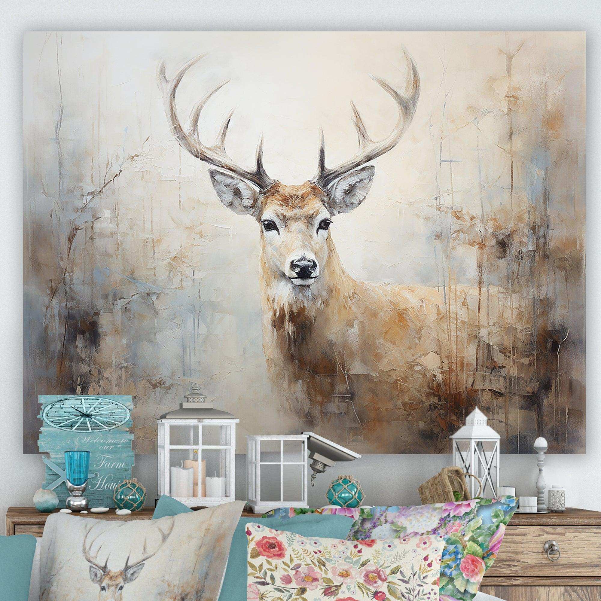 Minimalism Beige Deer Portrait IV - Animals Canvas Wall Art