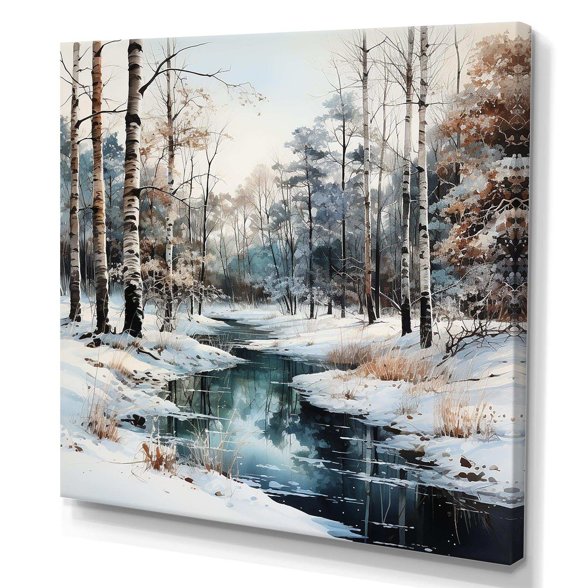 River In Forest Winter Scenery - Landscapes Canvas Wall Art
