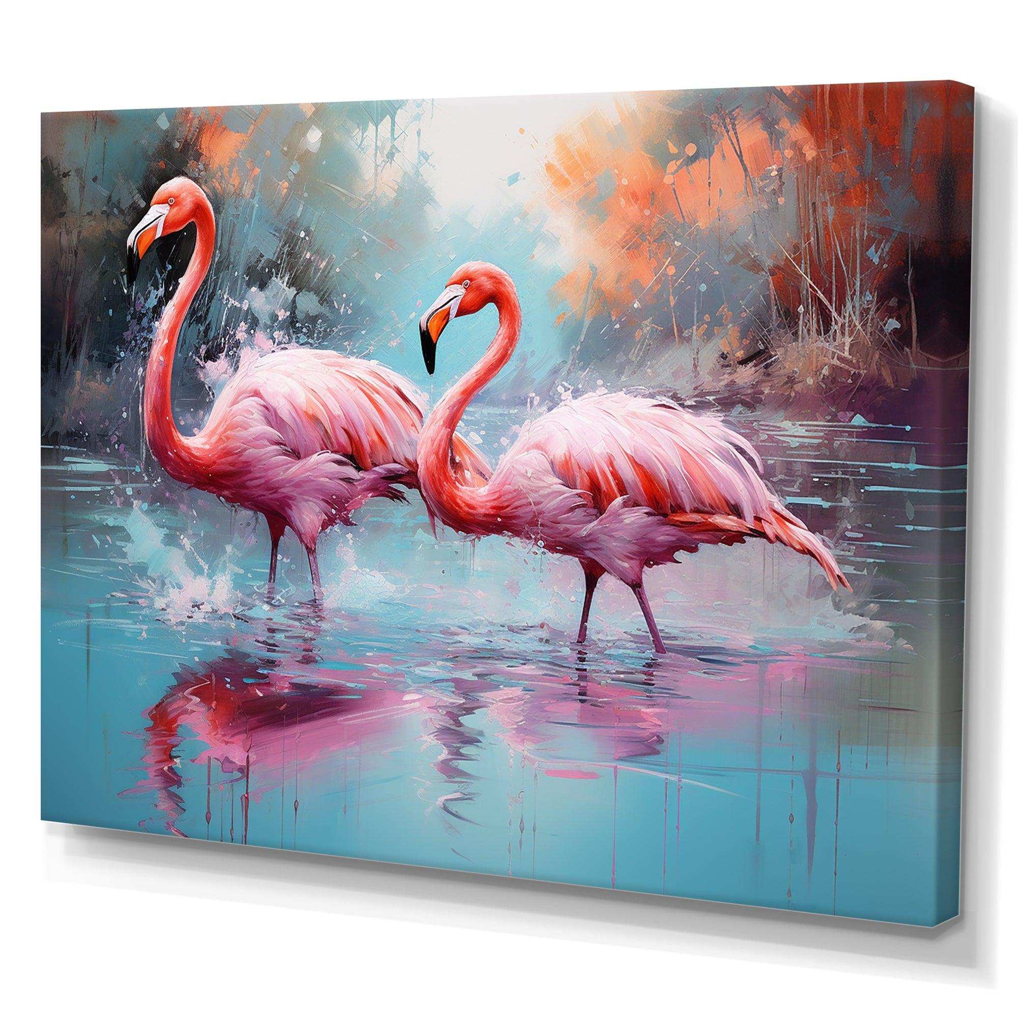 Wild Pink Flamingo In Lake - Landscapes Canvas Wall Art