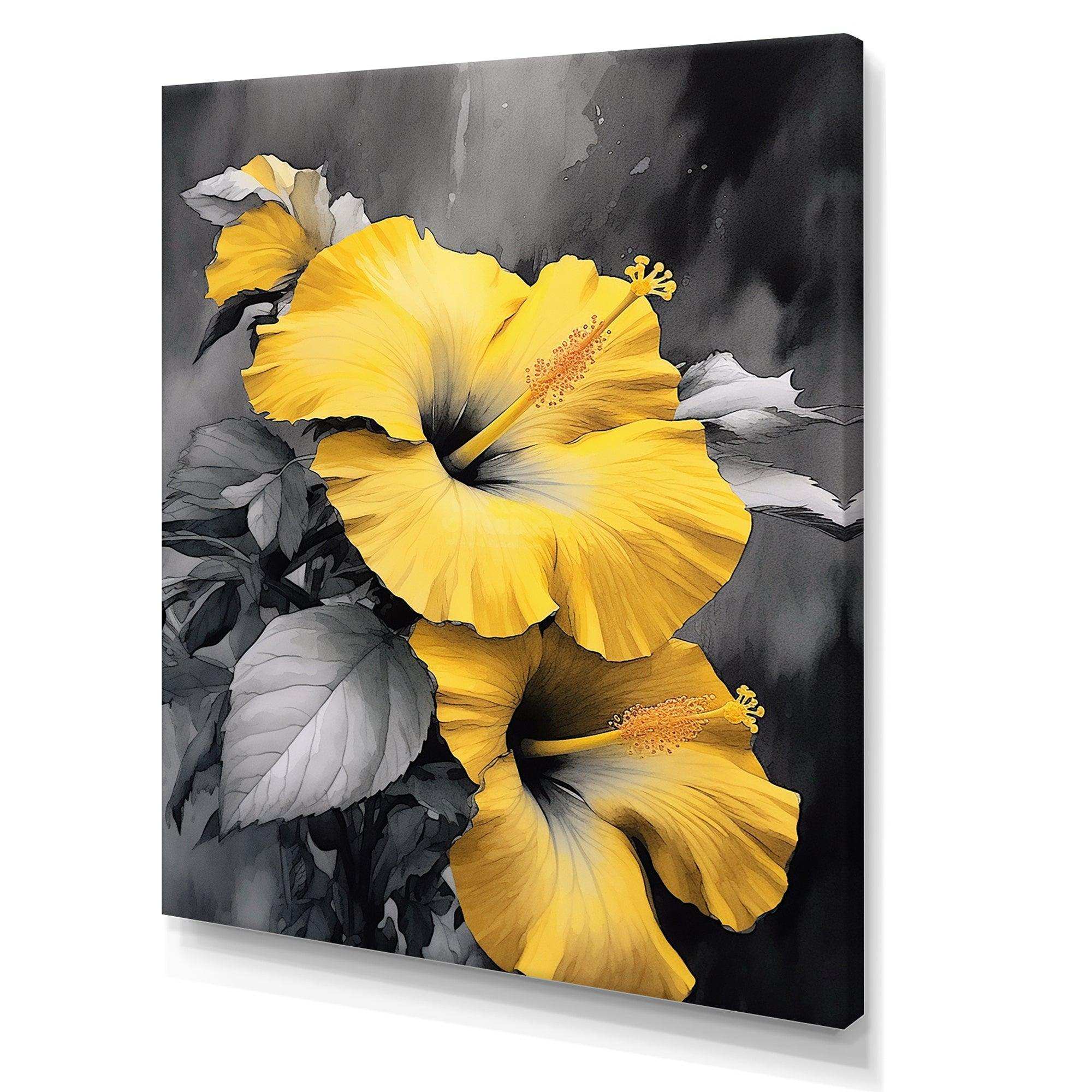 Yellow And Grey Hibiscus Serenade I - Floral Canvas Wall Art