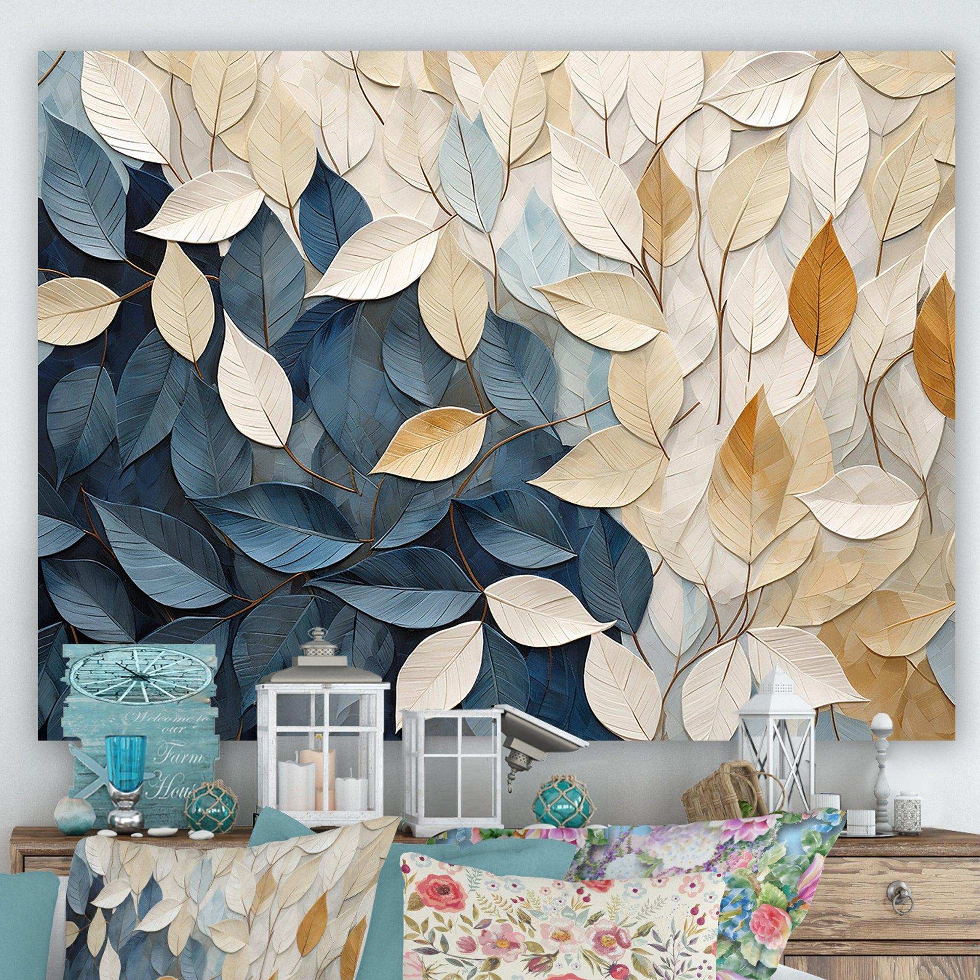 Beige And Blue Minimalism Leaves Collage - Floral Canvas Wall Art