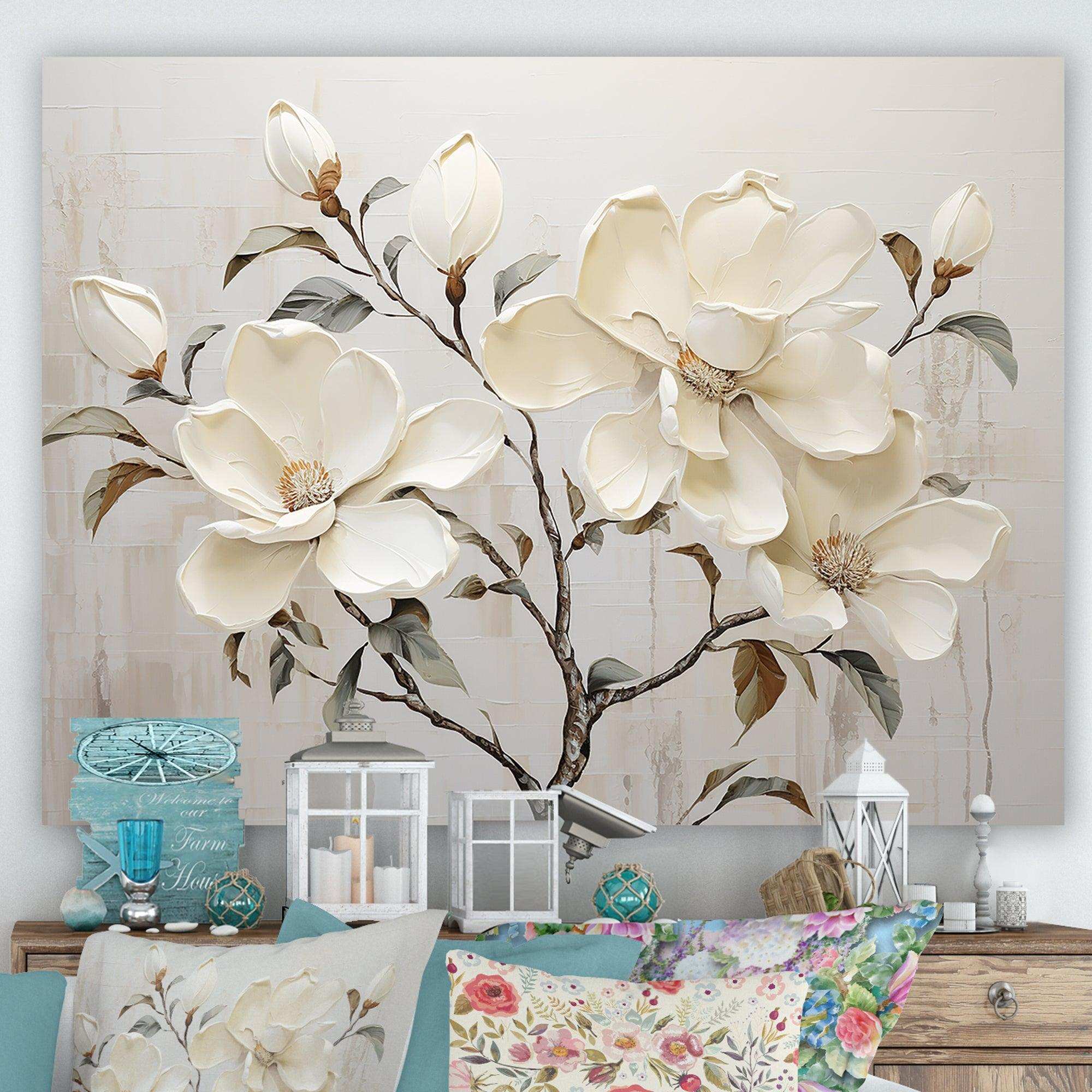 Beige And Green Magnolias Flower Blossum - Floral Canvas Wall Art