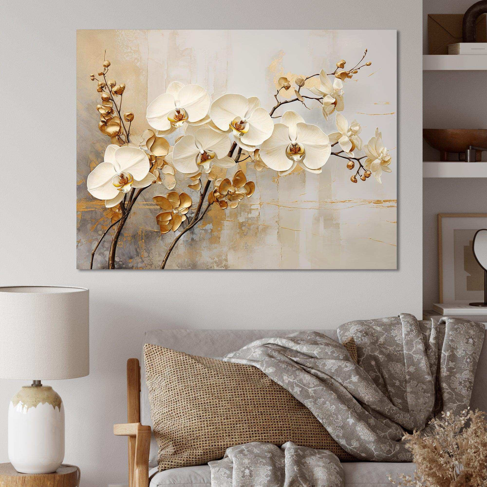 Minimalism Beige And Gold Orchids - Floral Canvas Wall Art