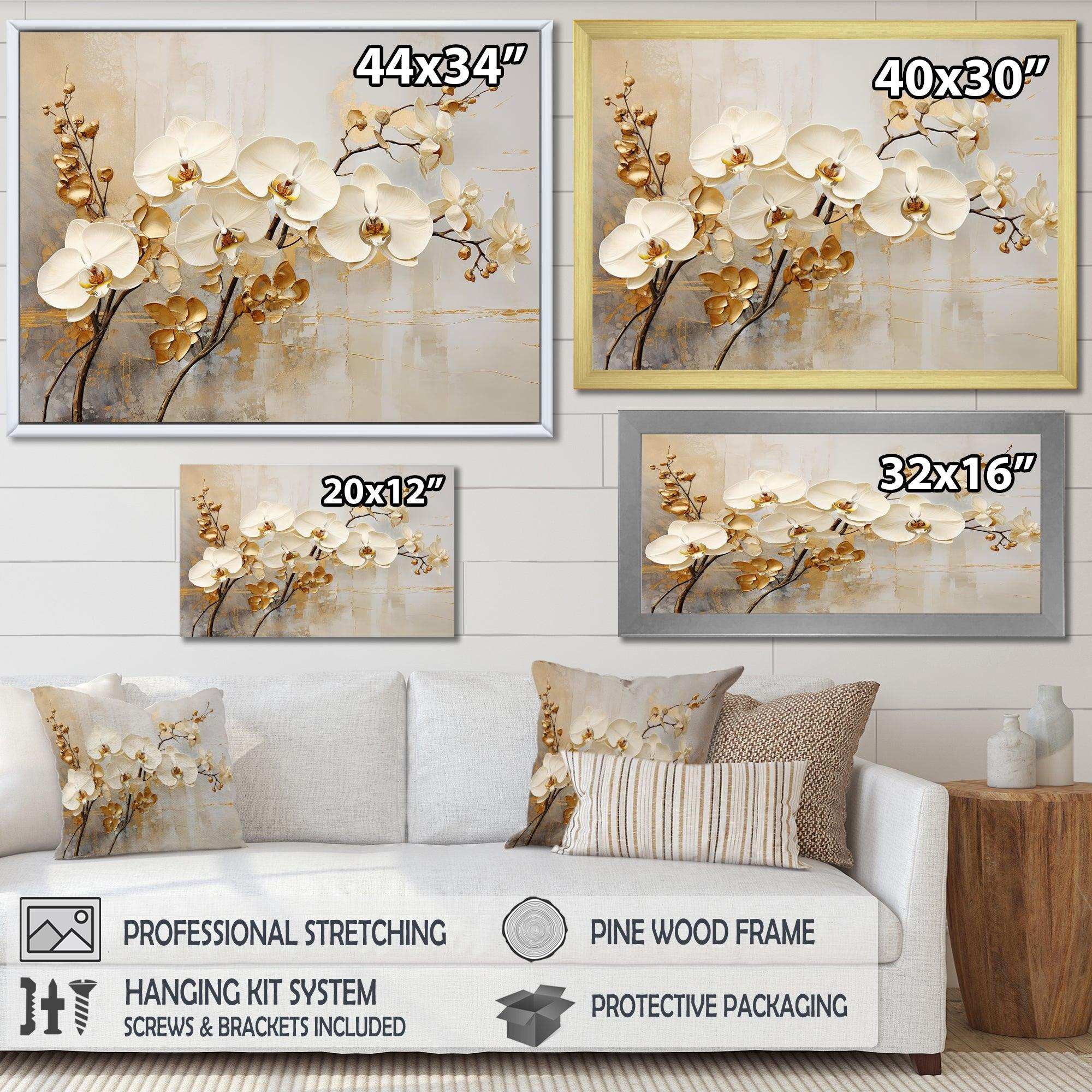 Minimalism Beige And Gold Orchids - Floral Canvas Wall Art