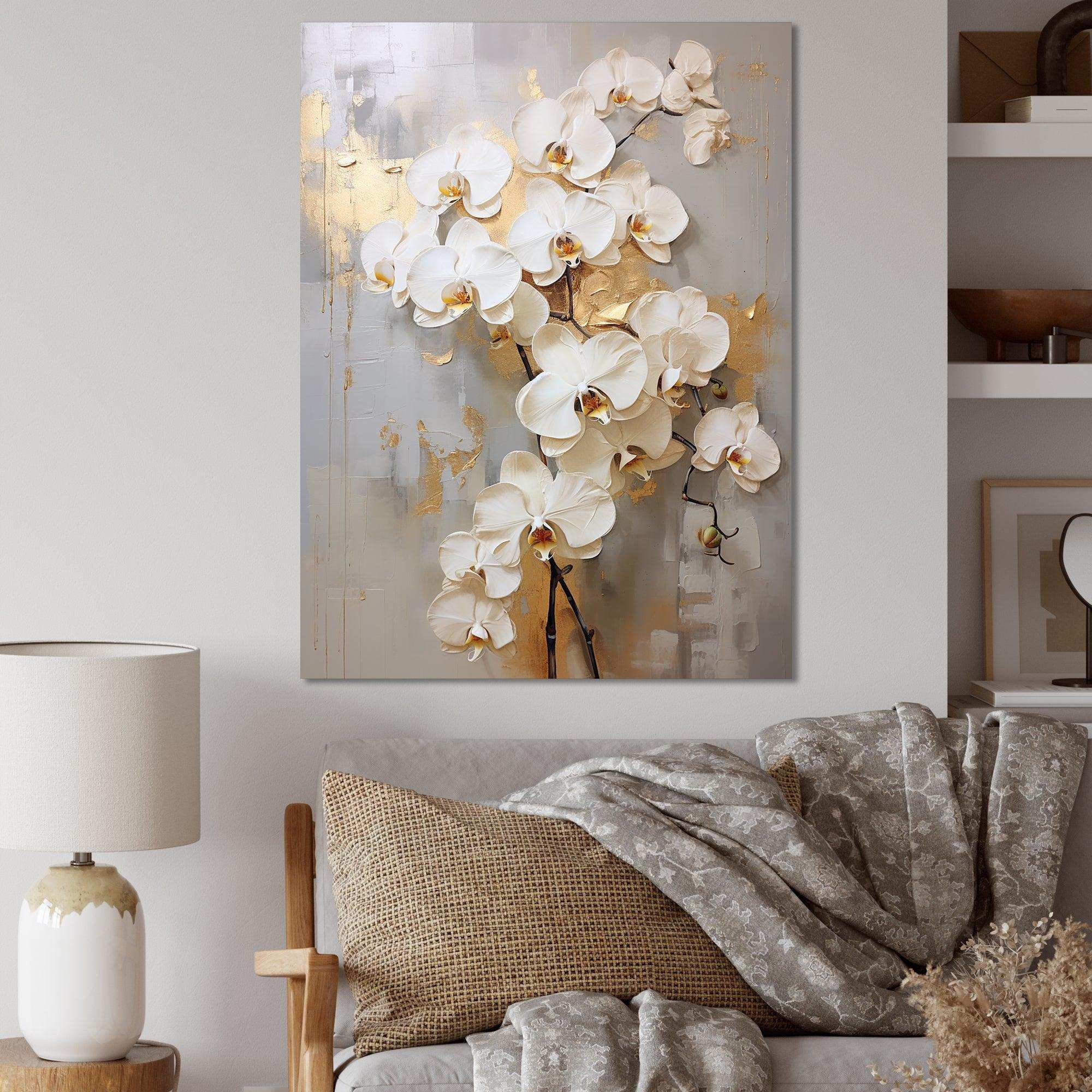 Minimalism Beige And Gold Orchids IV - Floral Canvas Wall Art