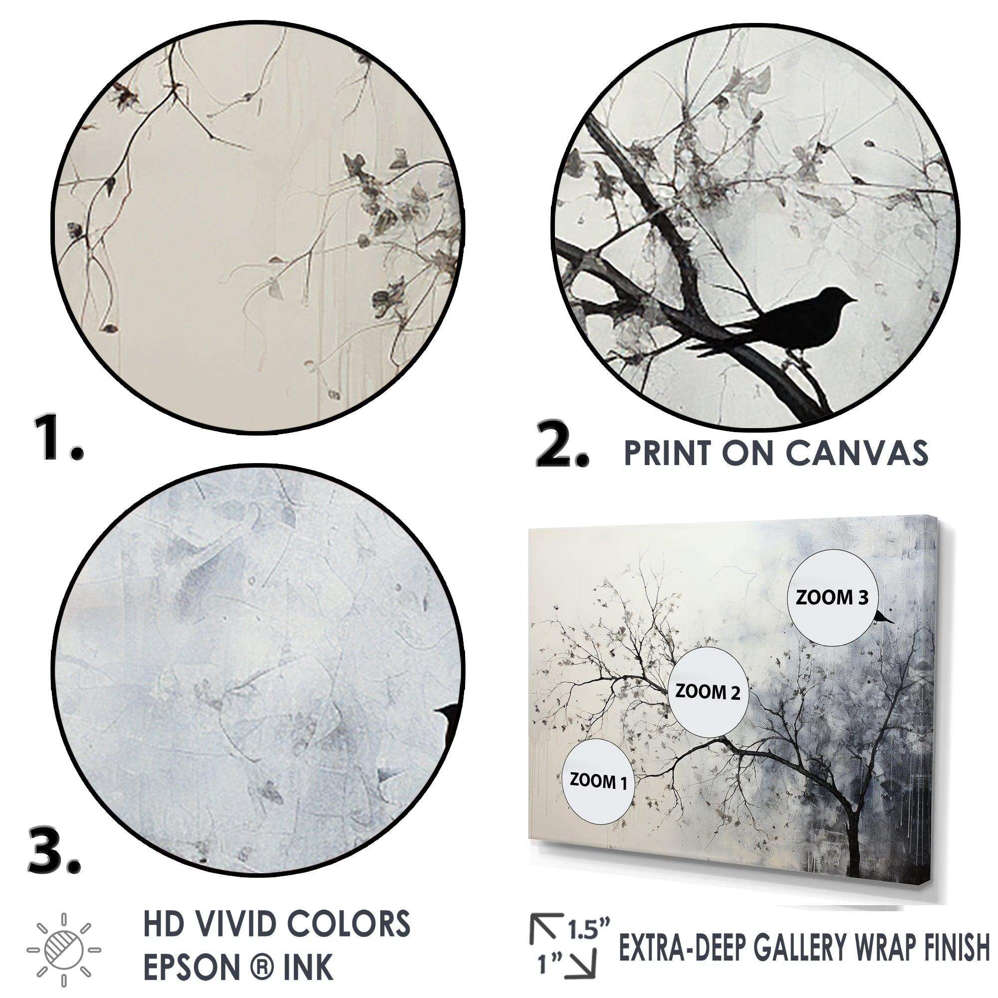 Minimalism Monochrome Birds On Branch II - Landscapes Canvas Wall Art