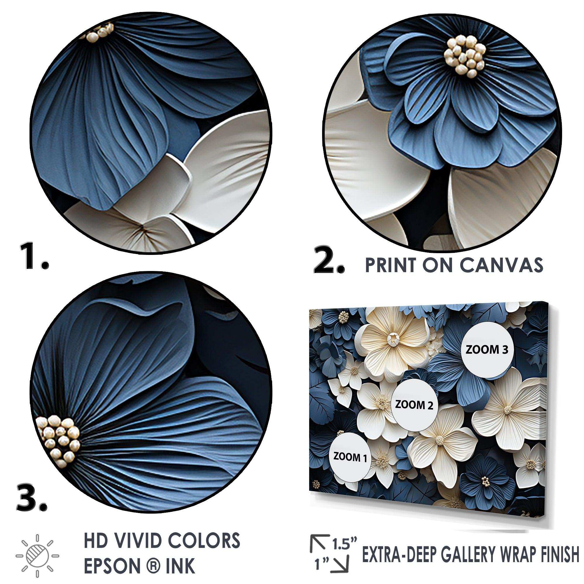 Blue And White Adorned Violets - Floral Canvas Wall Art