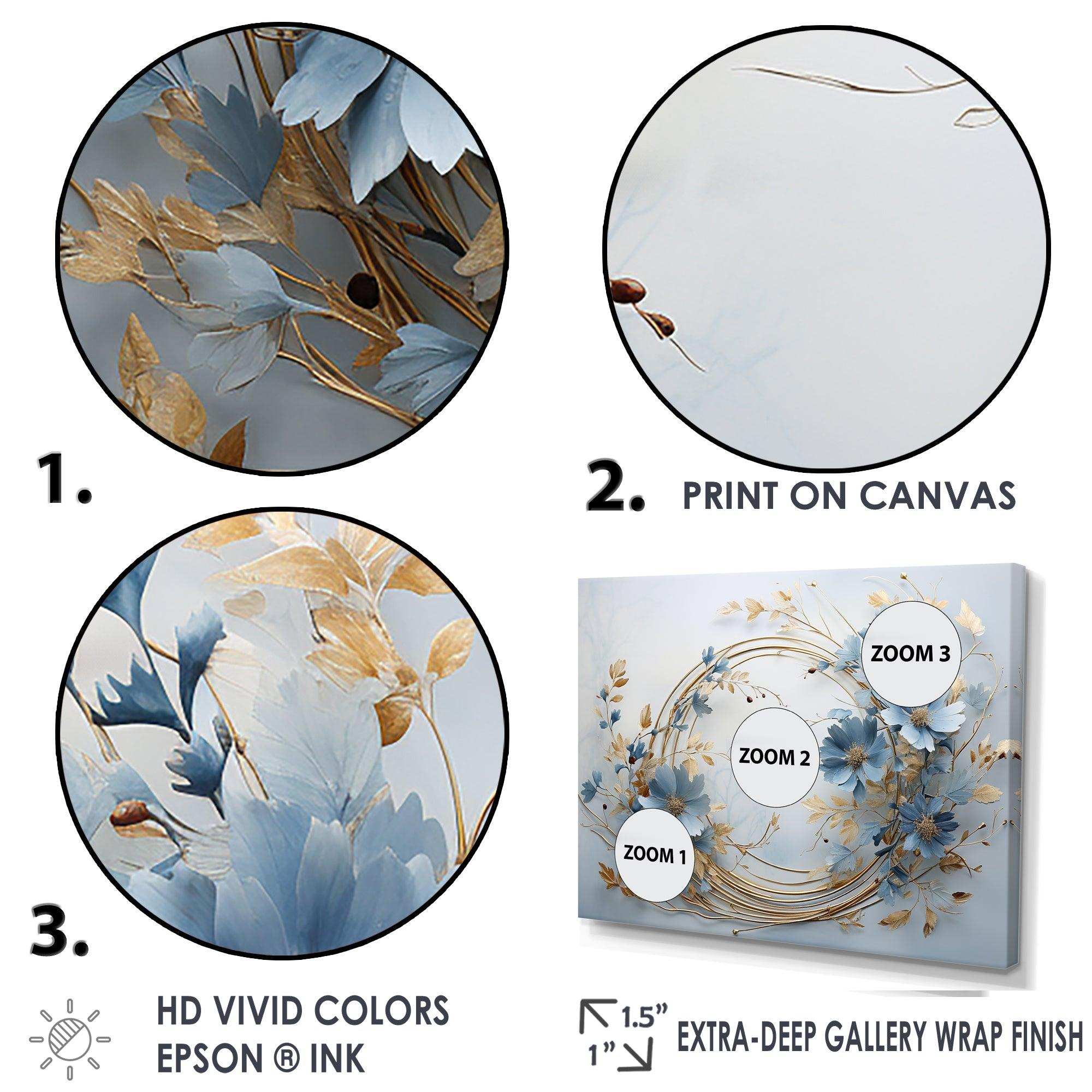 blue and gold Wreath flower - Floral Canvas Wall Art