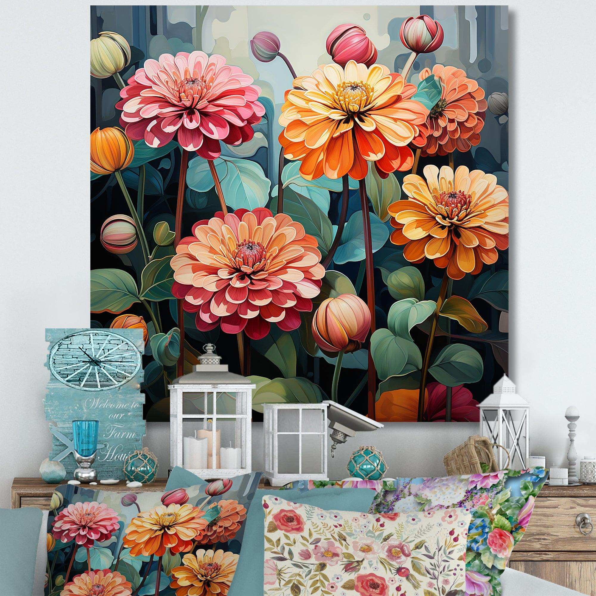 Bold Zinnias flowers - Floral Canvas Wall Art