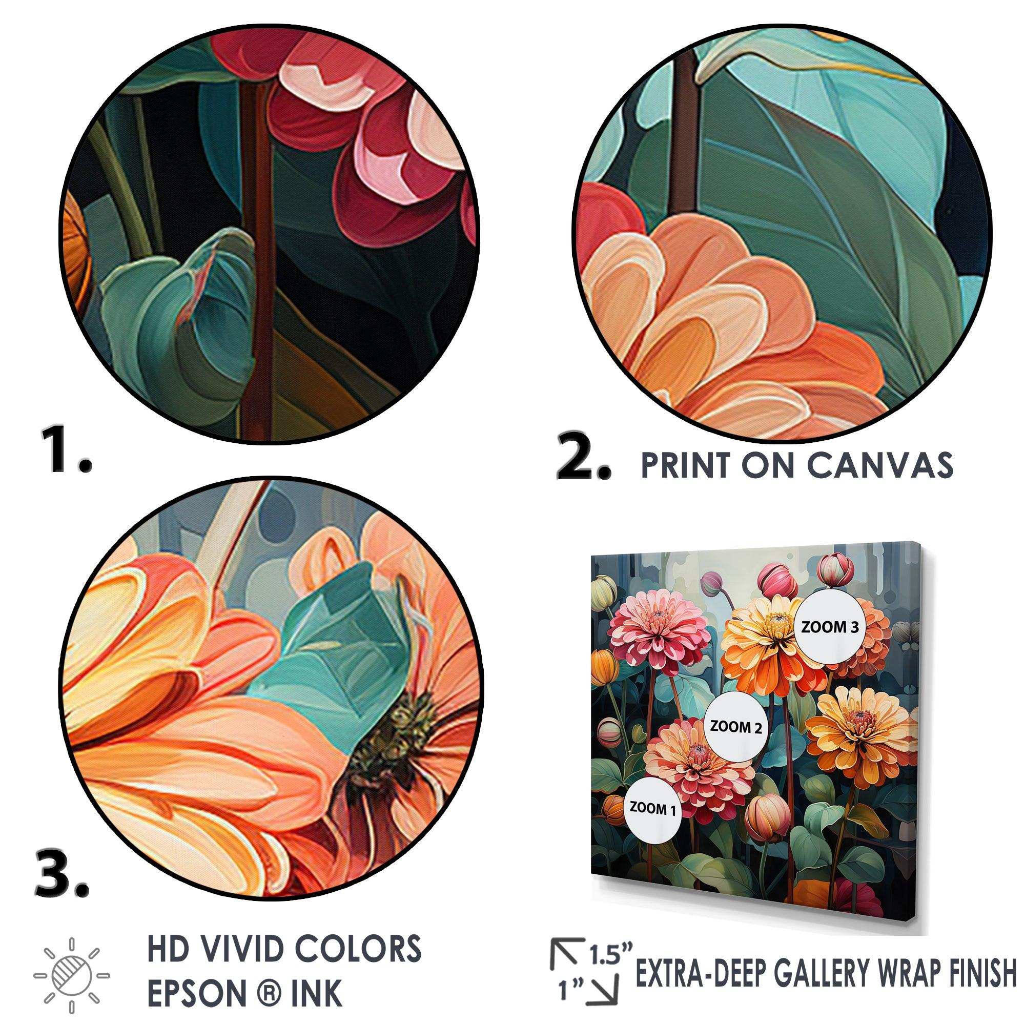 Bold Zinnias flowers - Floral Canvas Wall Art