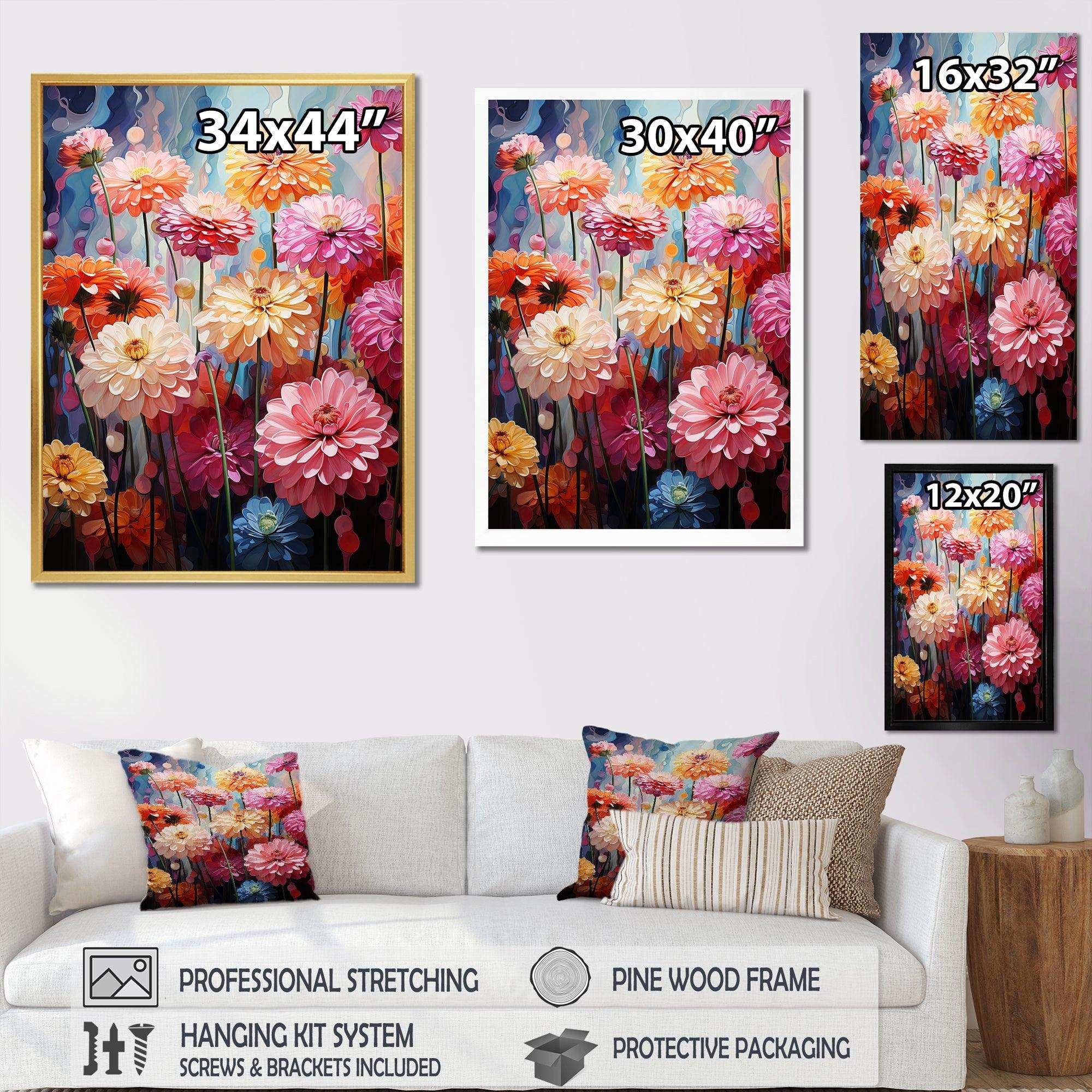 Muted tone Zinnias field - Floral Canvas Wall Art