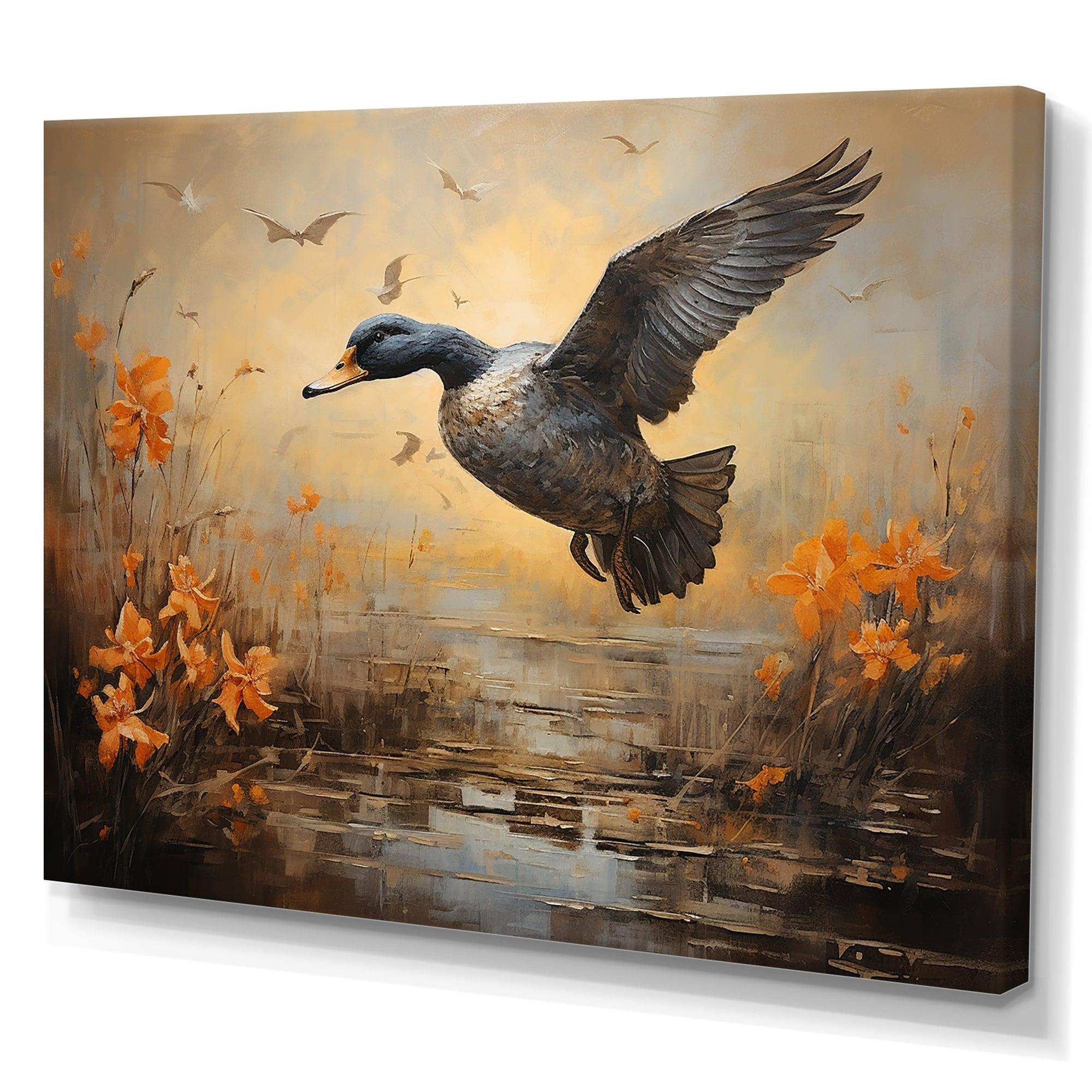 Vintage duck Flight at the pond I - Animals Canvas Wall Art