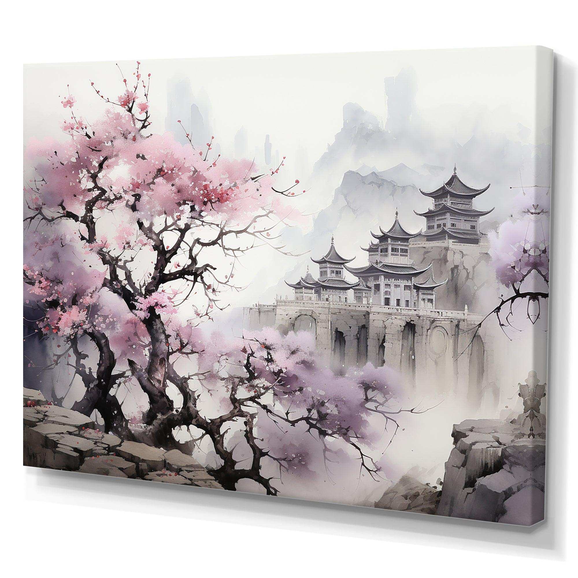 Pink floral Japanese Panorama landscape I - Landscapes Canvas Wall Art