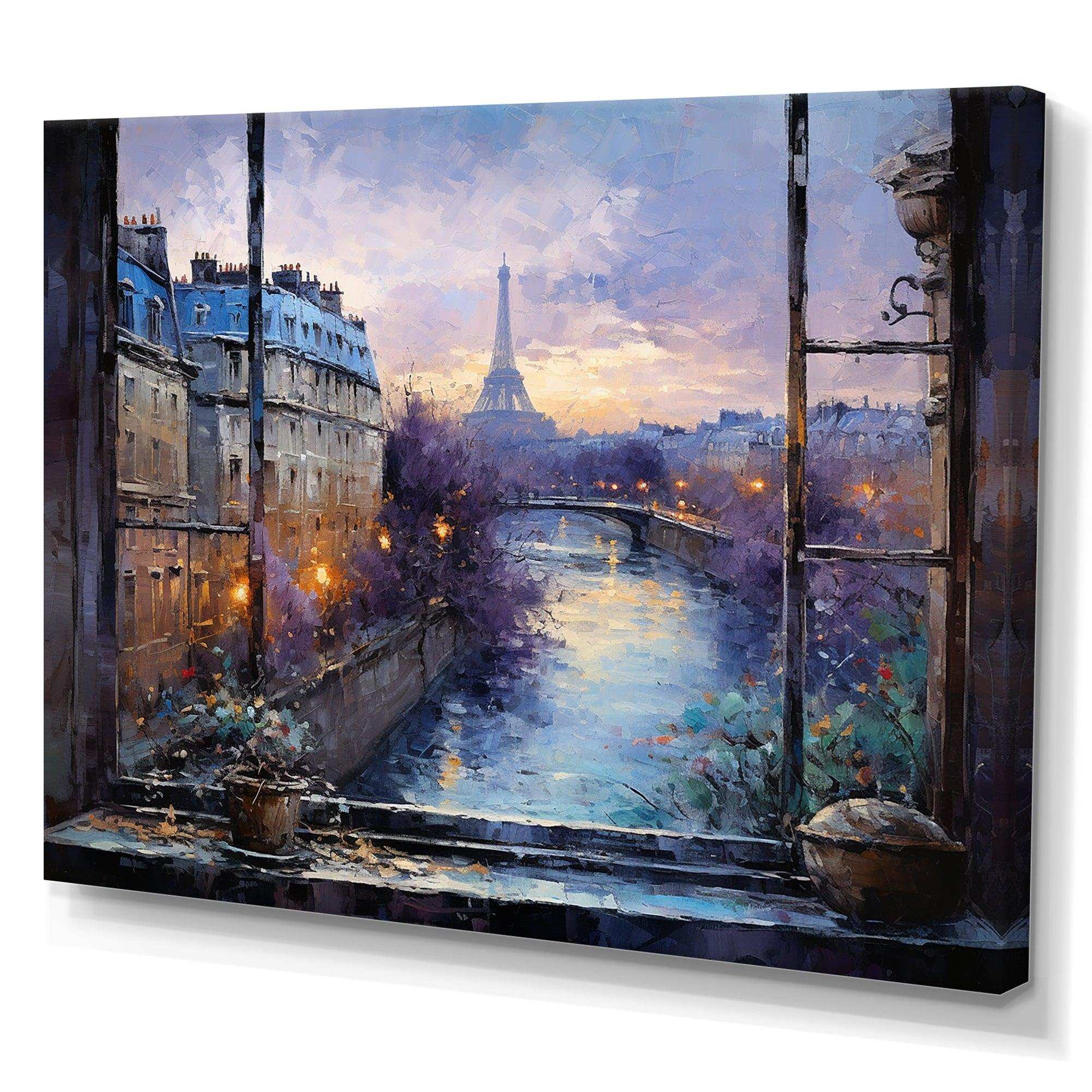 Paris Window View sunset - Cityscapes Canvas Wall Art