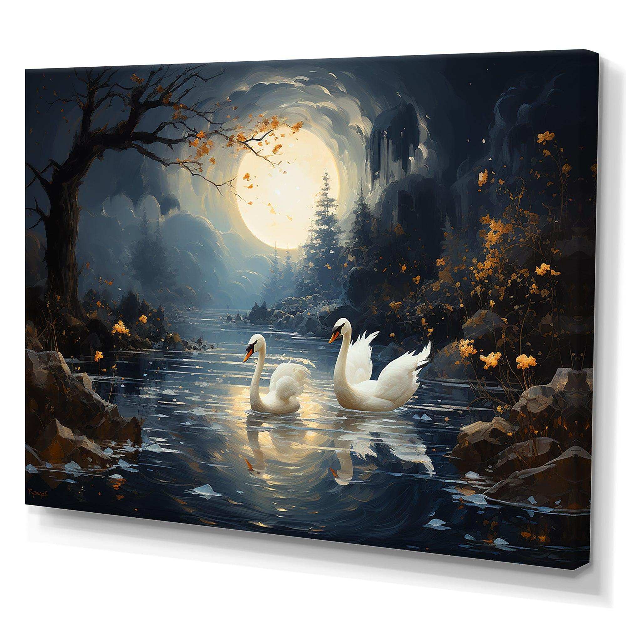 White Swans harmony moonlight pond II - Animals Canvas Wall Art