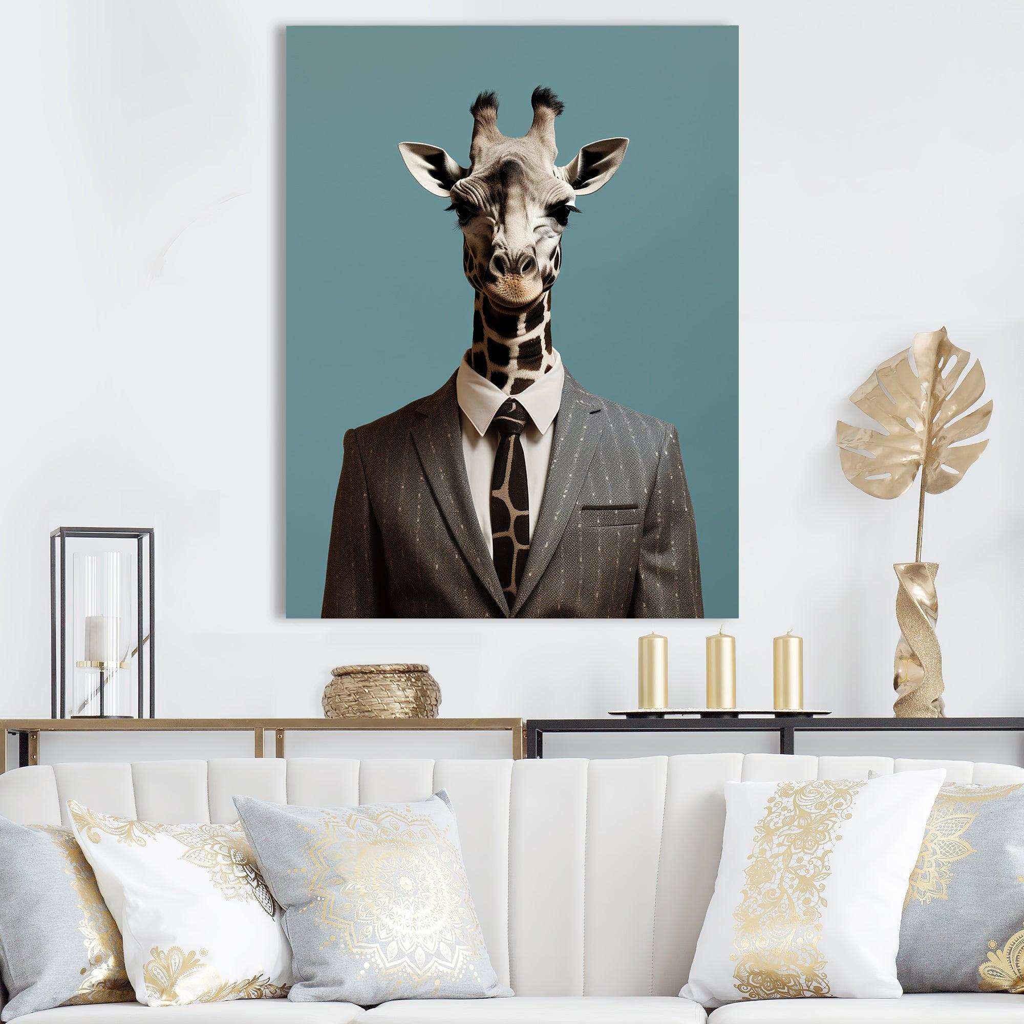 Grey Giraffe fashion suit  II - Animals Canvas Wall Art