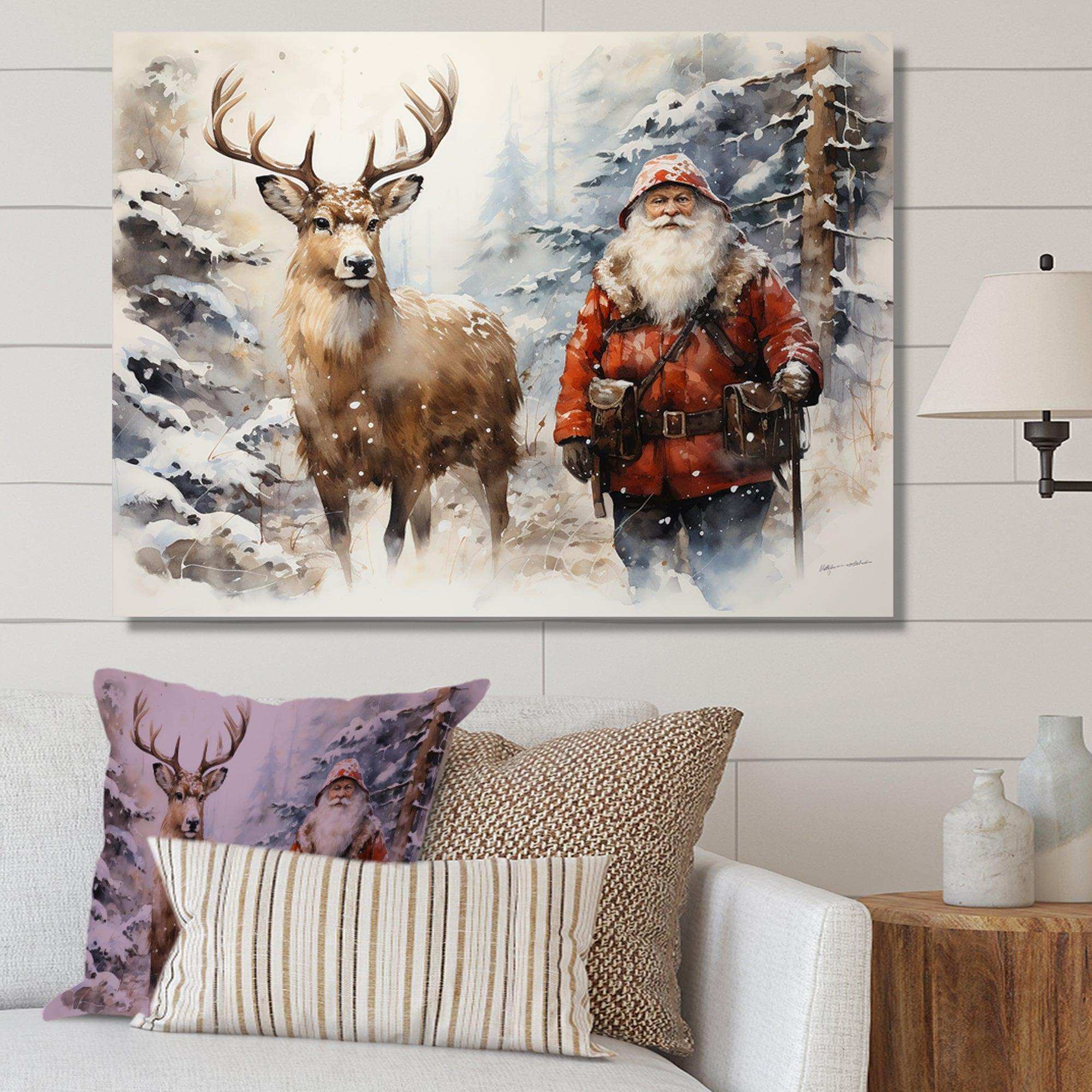 Santa and his deer in winter wonderland - Animals Canvas Wall Art