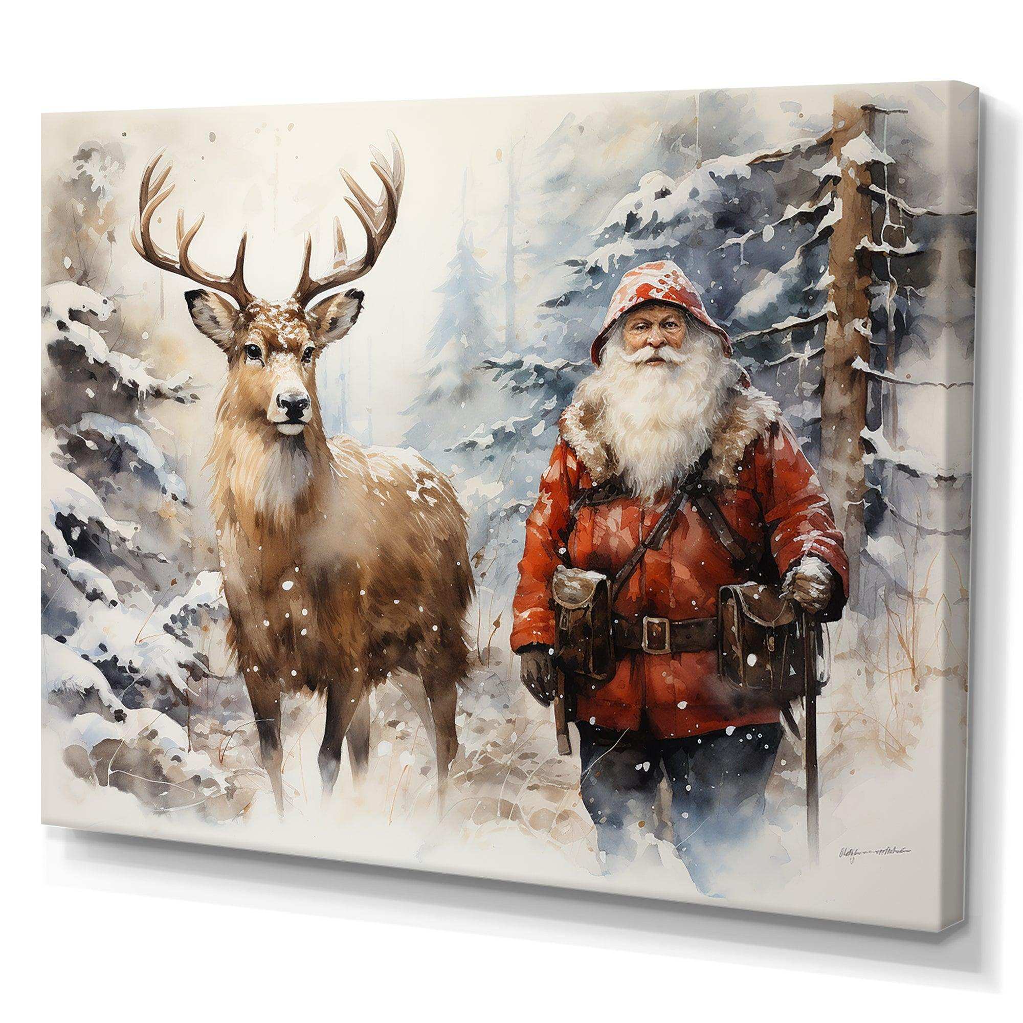 Santa and his deer in winter wonderland - Animals Canvas Wall Art