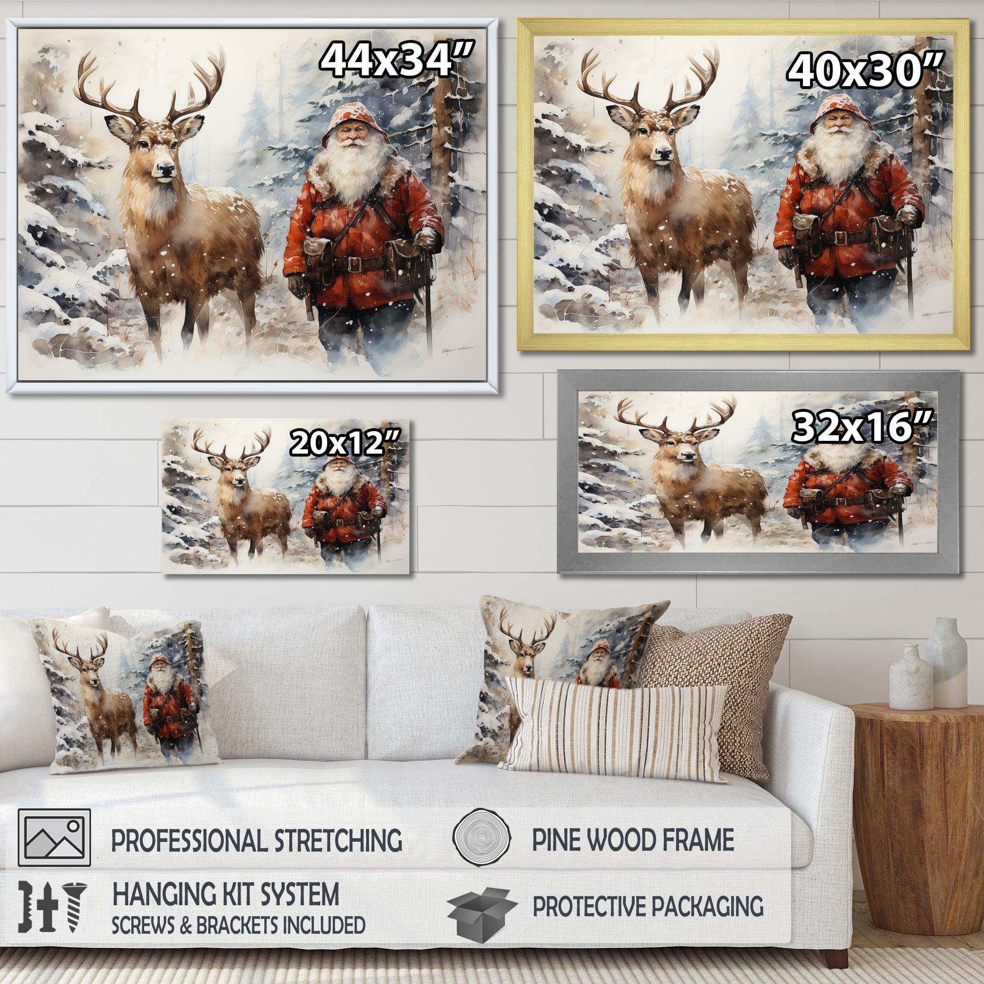 Santa and his deer in winter wonderland - Animals Canvas Wall Art