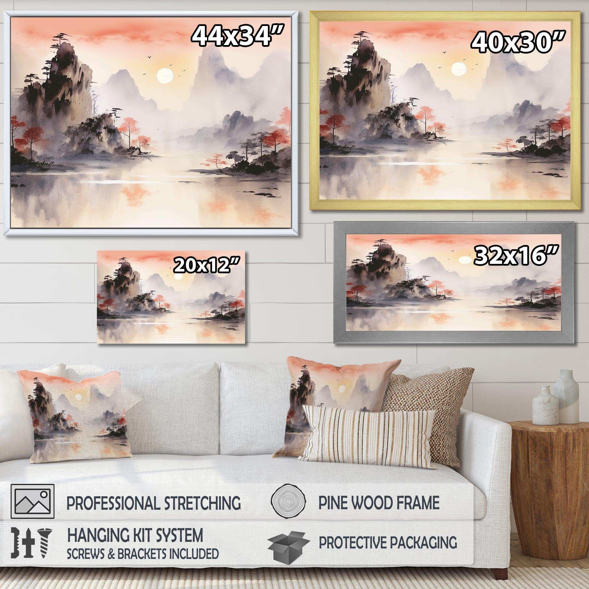 Orange Tranquil Chinese landscape serenity I - Landscapes Canvas Wall Art