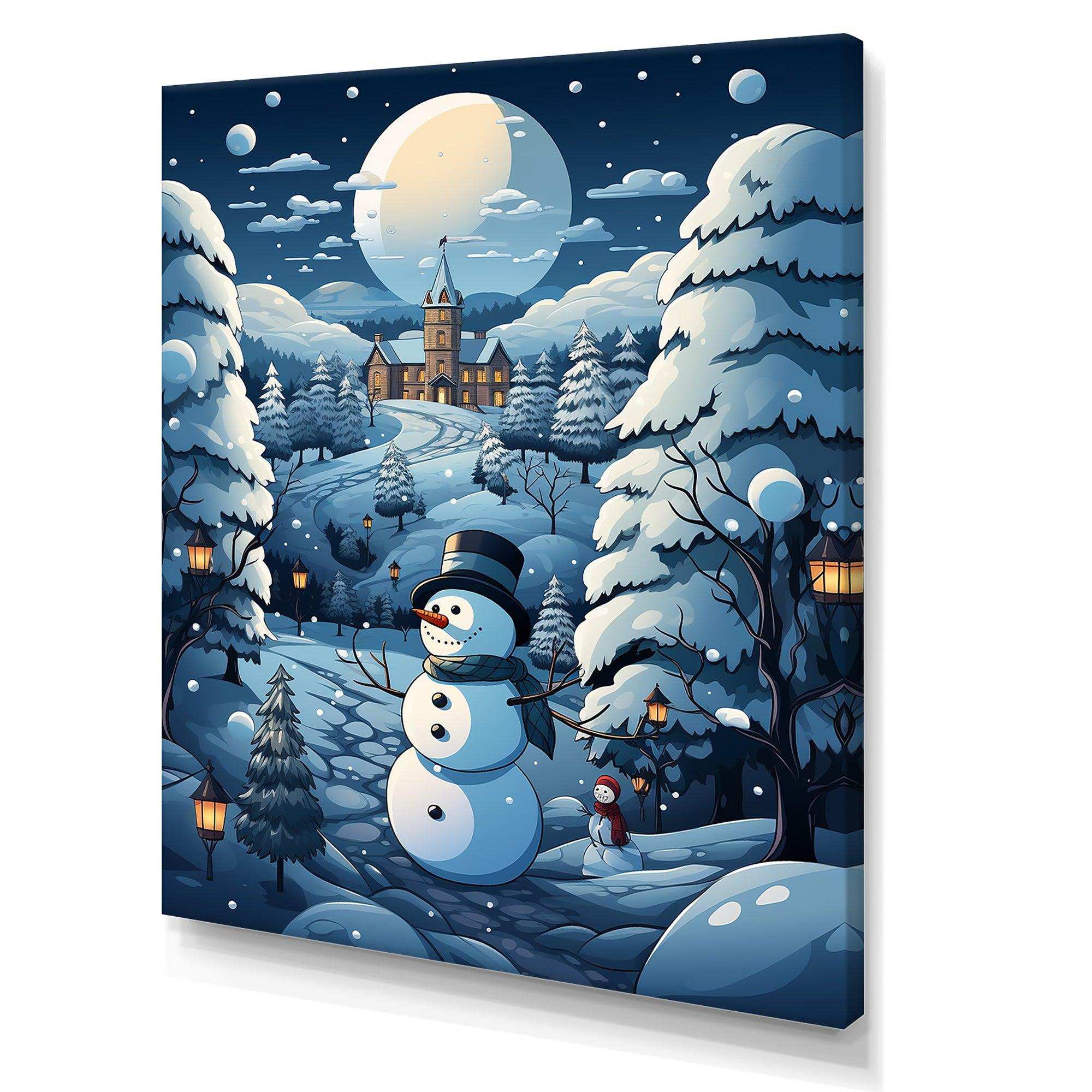 Blue and white Frosty snowman landscape II - Landscapes Canvas Wall Art