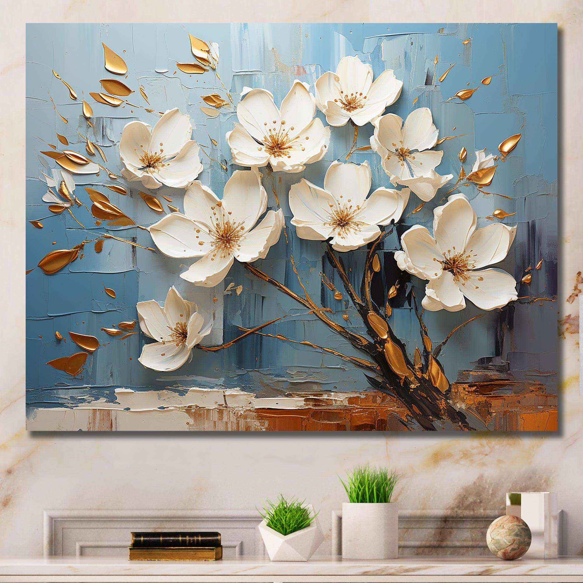 White and Blue Golden Orchid Tree Garden Of Branches VI - Floral Canvas Wall Art