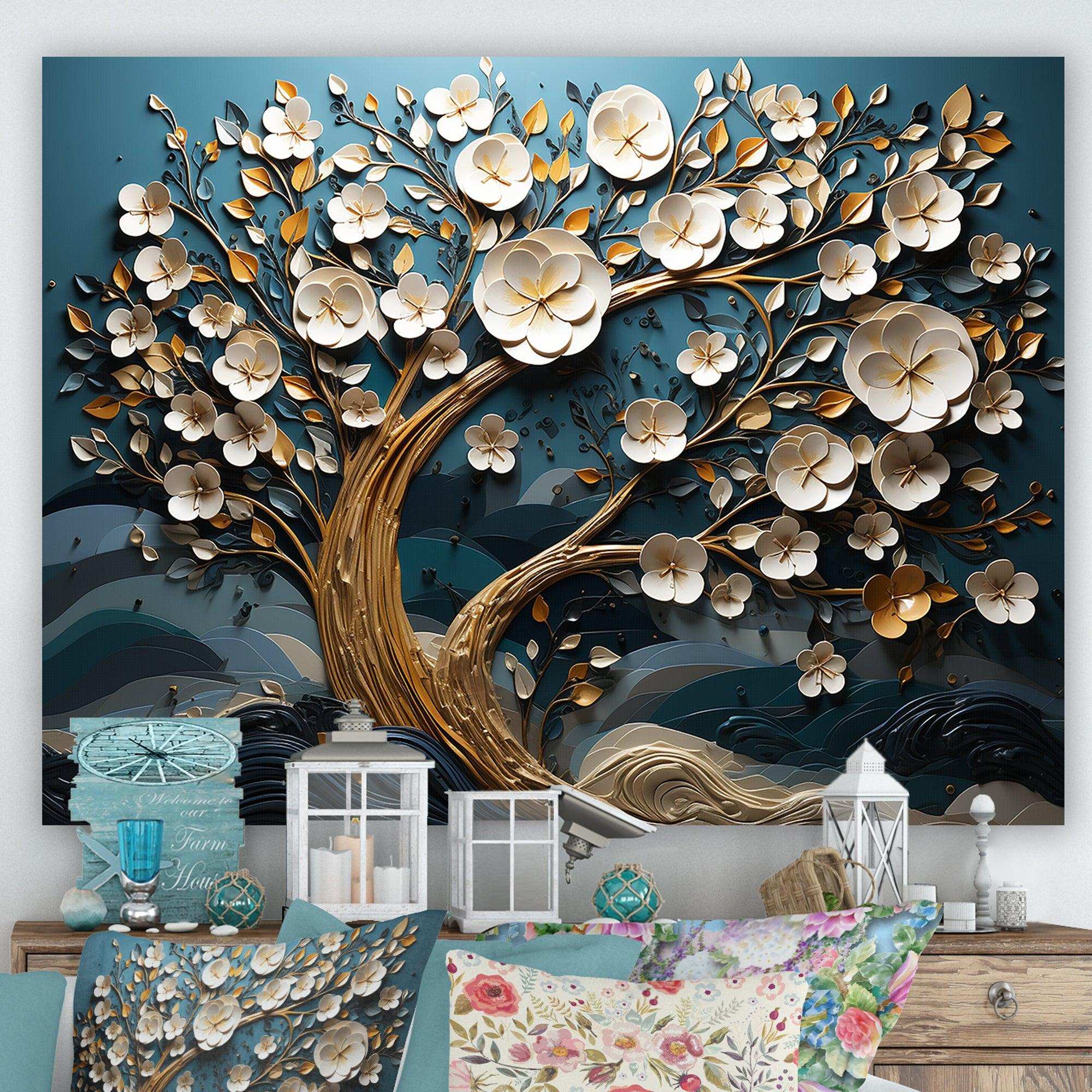 Blue and white Orchid Tree Golden Of Branches VI - Landscapes Canvas Wall Art
