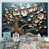 Blue and white Orchid Tree Golden Of Branches VI - Landscapes Canvas Wall Art