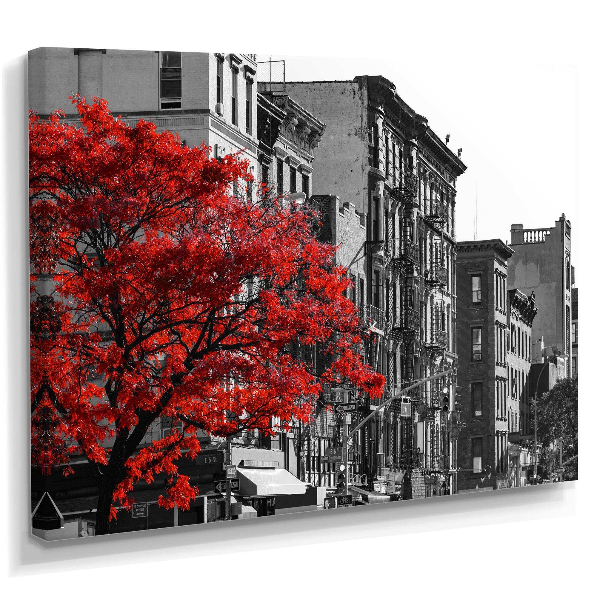 Red Tree on Black and White New York City Street