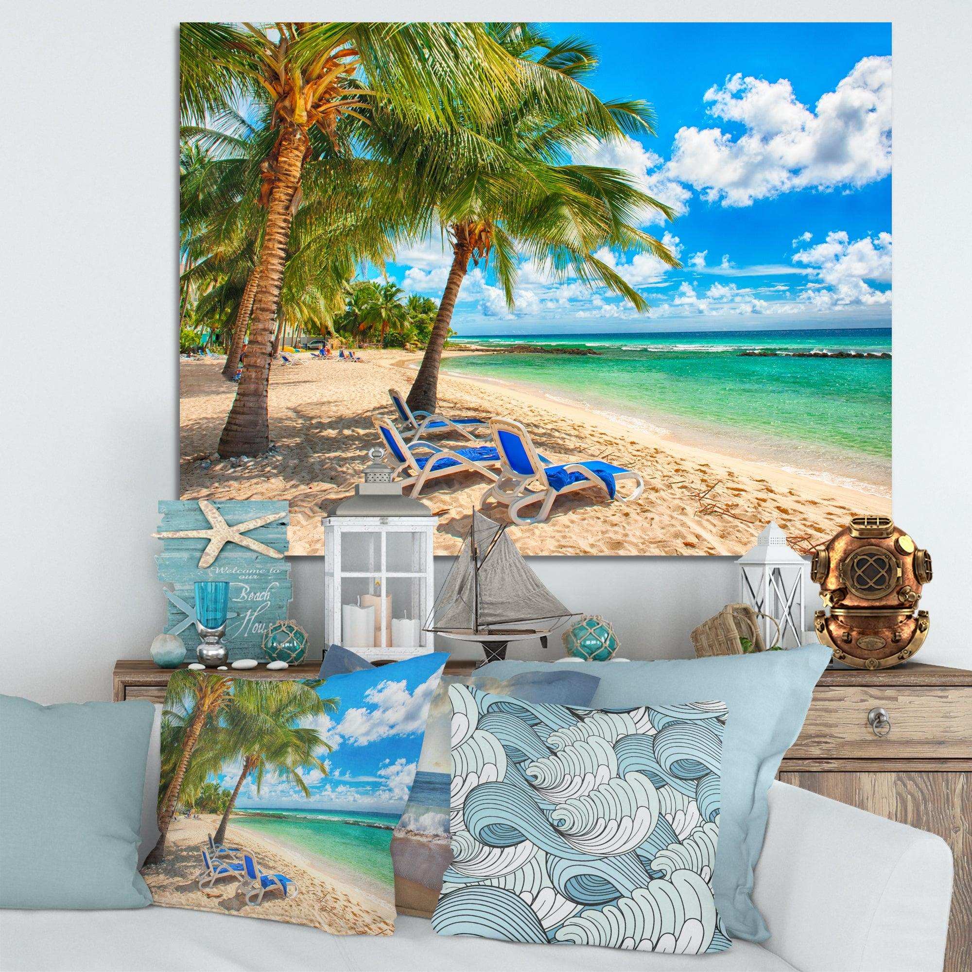 Blue chairs at the tropical white sand beach