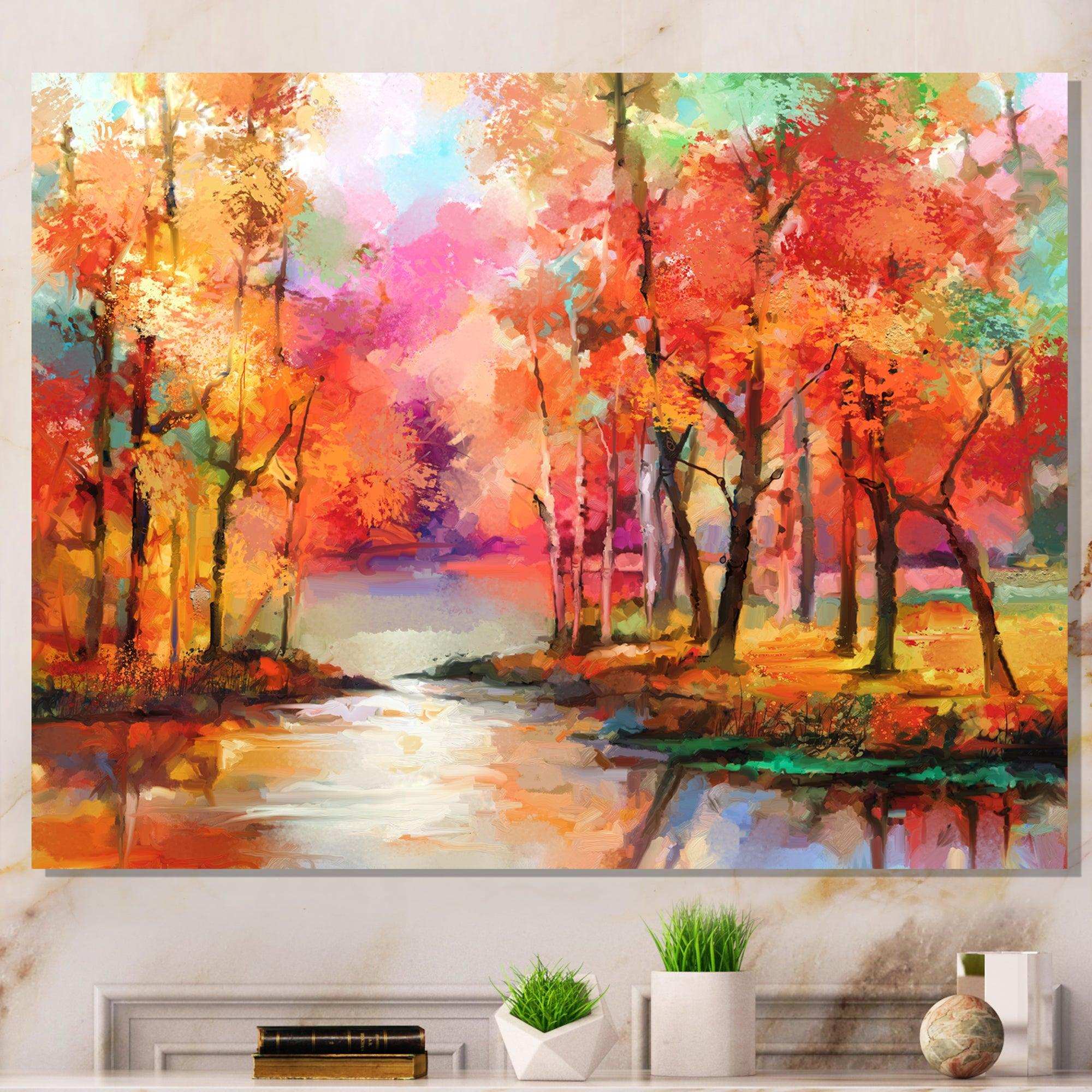 Autumn Aspen Trees In Red Leaf Forest By Lake