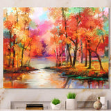 Autumn Aspen Trees In Red Leaf Forest By Lake