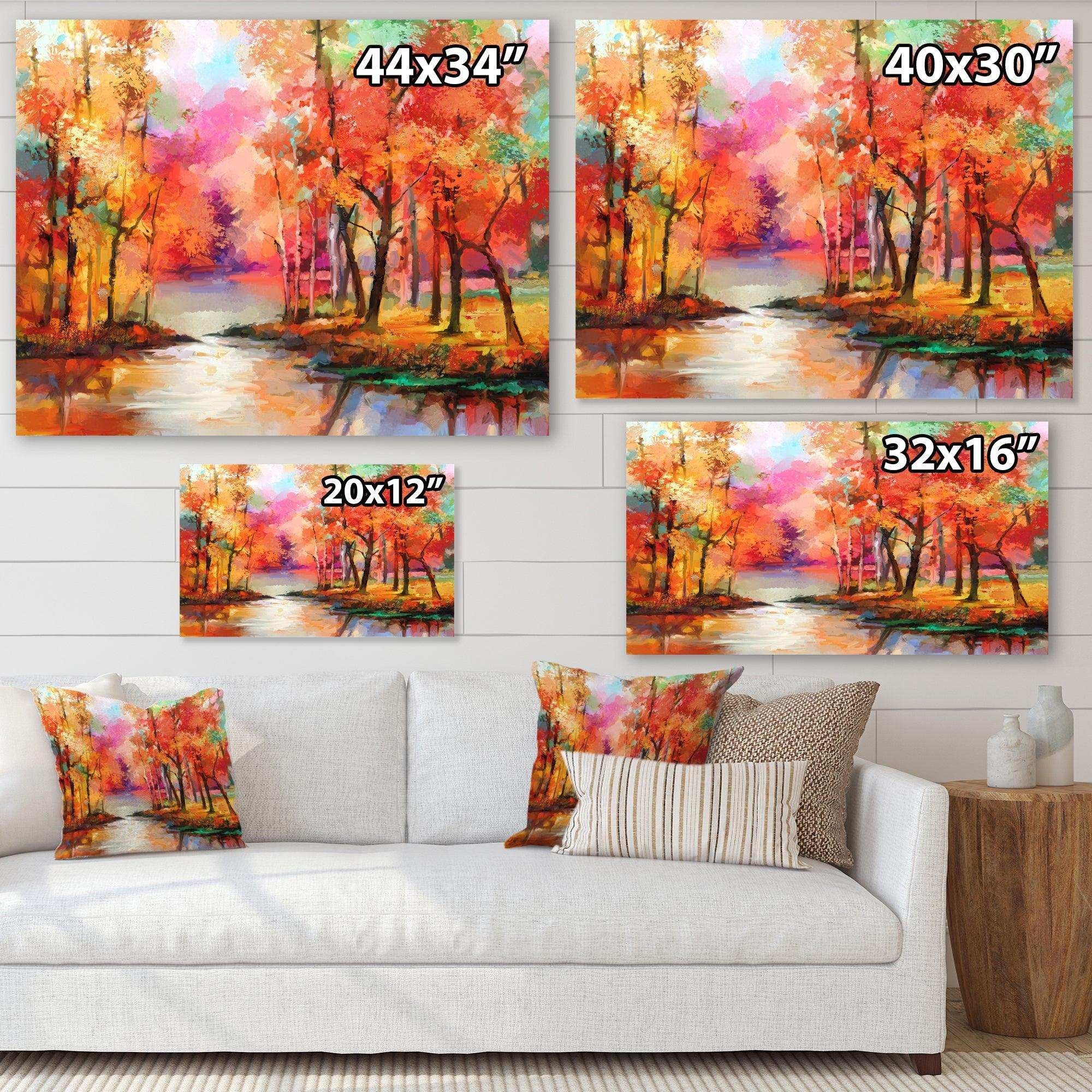 Autumn Aspen Trees In Red Leaf Forest By Lake