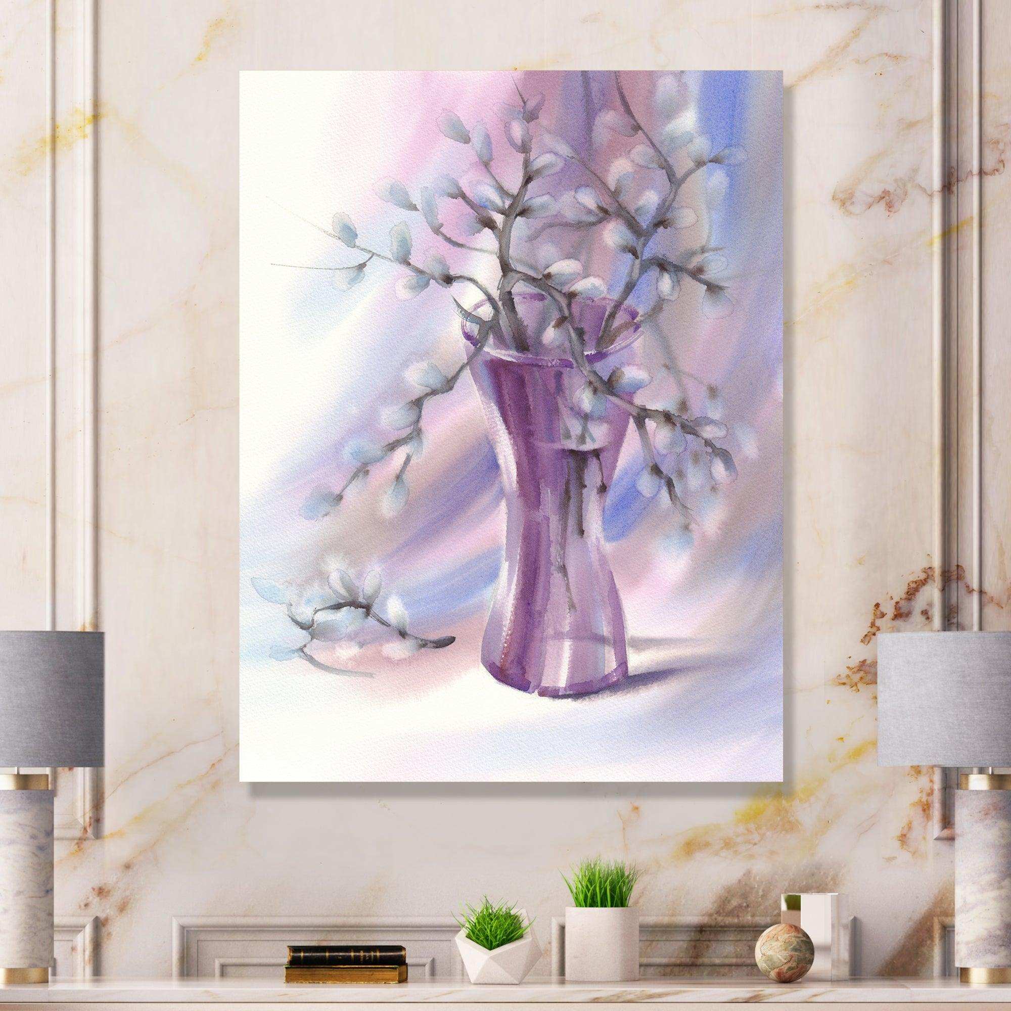 Pussy Willow Branches In Violet Glass Vase