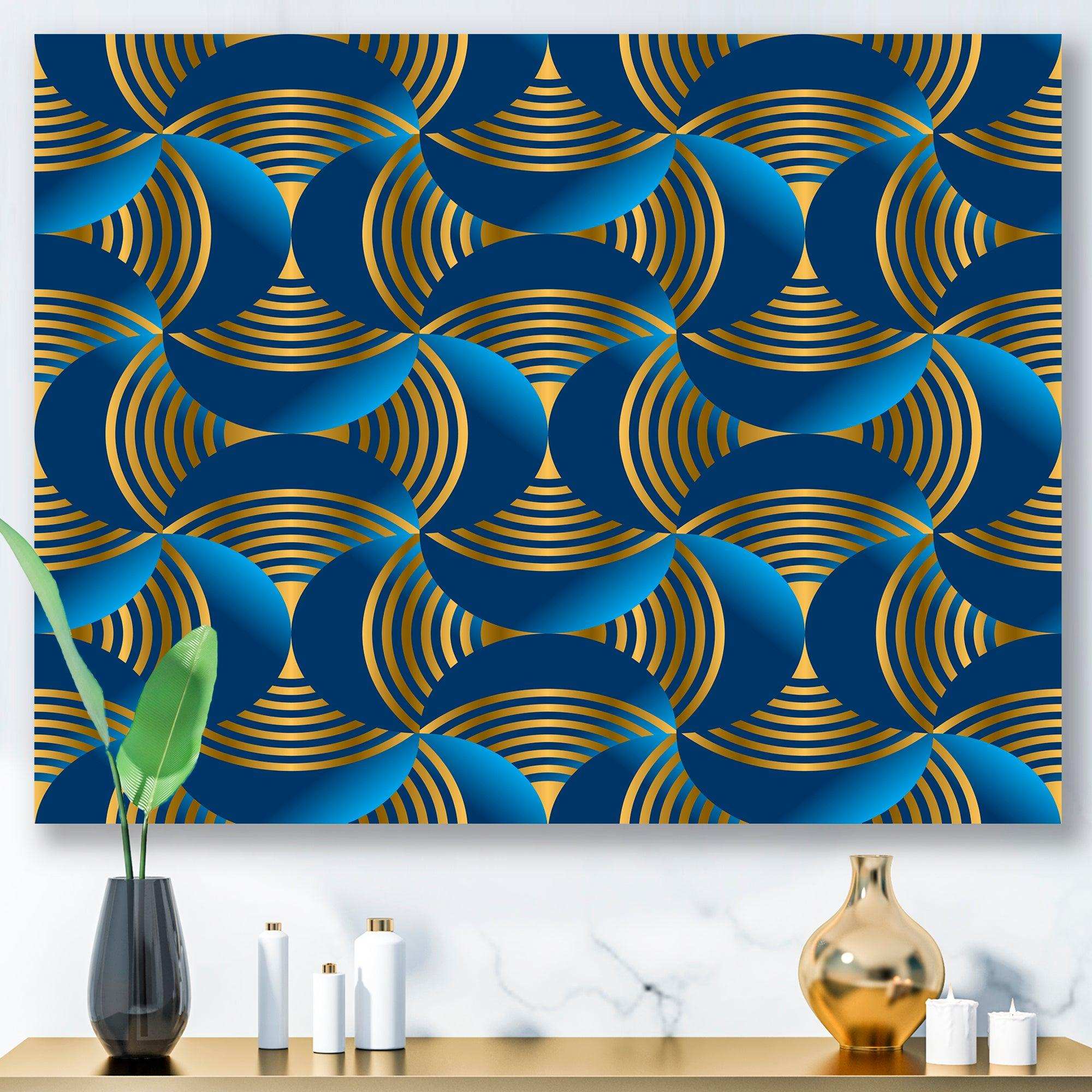Geometric abstract waves in gold and marine blue