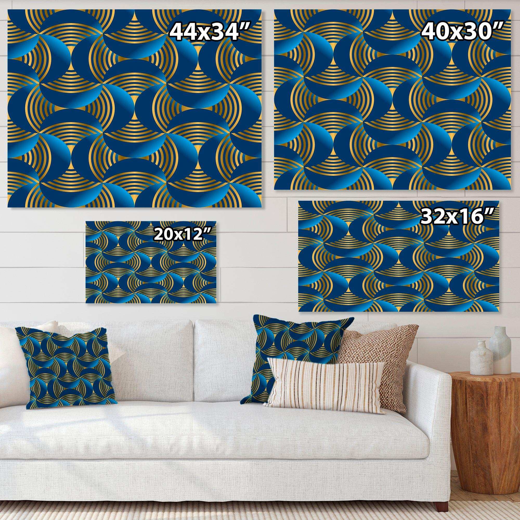 Geometric abstract waves in gold and marine blue