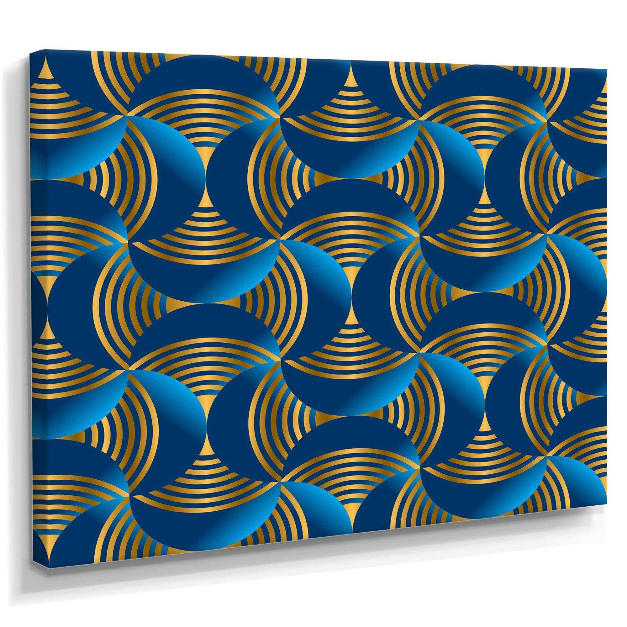 Geometric abstract waves in gold and marine blue