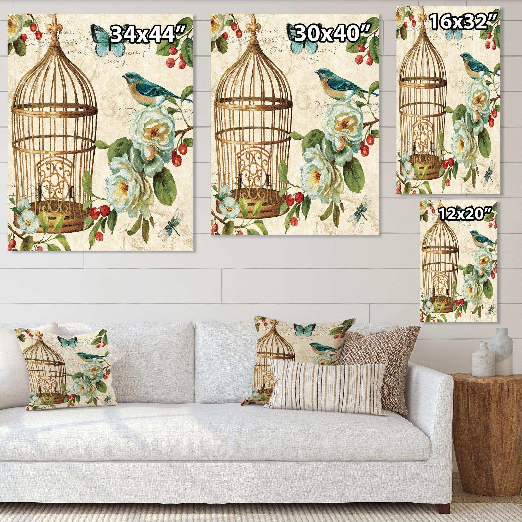 Blue Cottage Bird, Birdcage and Apple Blossoms I