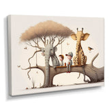 Giraffe And Elephant With Kids - Animals Canvas Wall Art