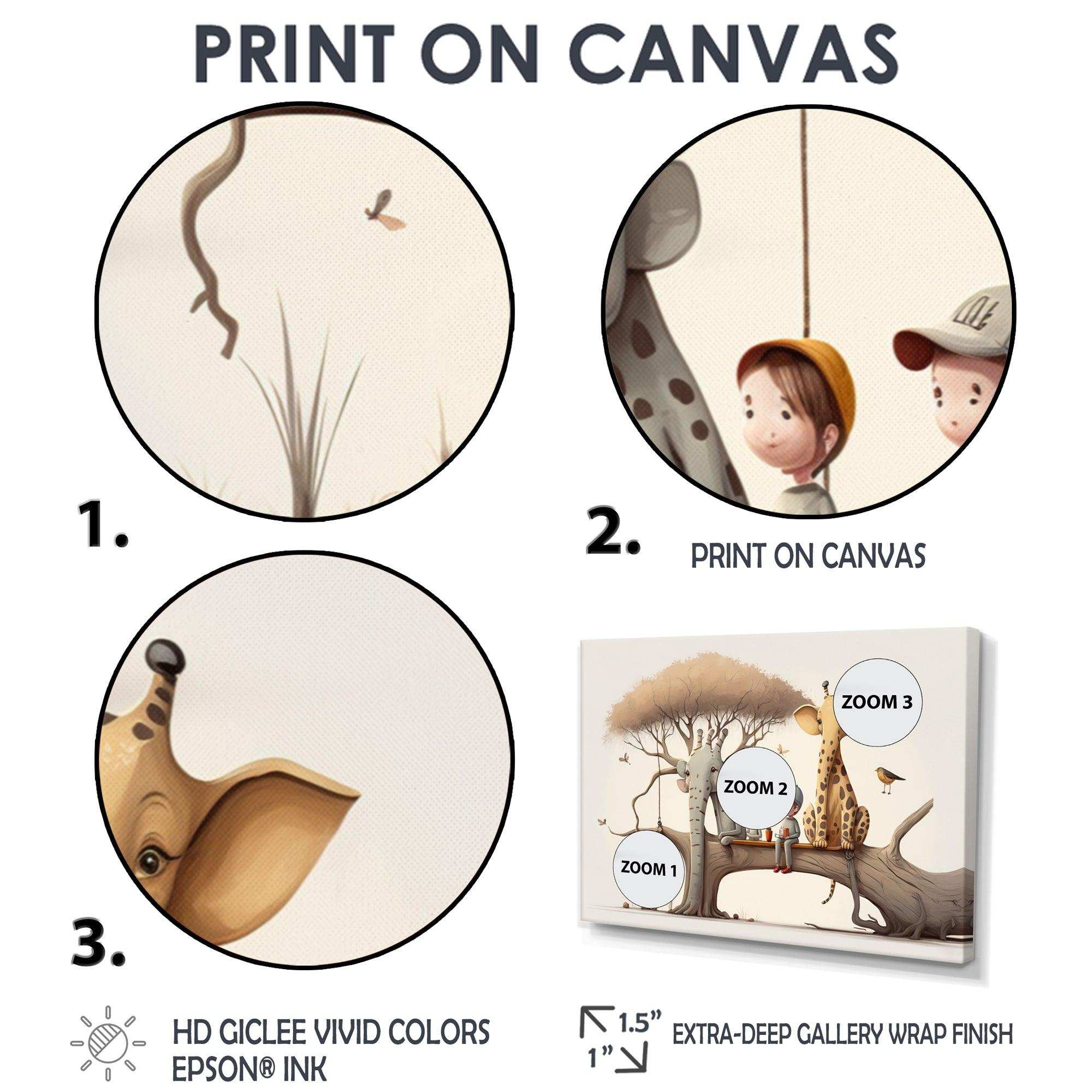 Giraffe And Elephant With Kids - Animals Canvas Wall Art