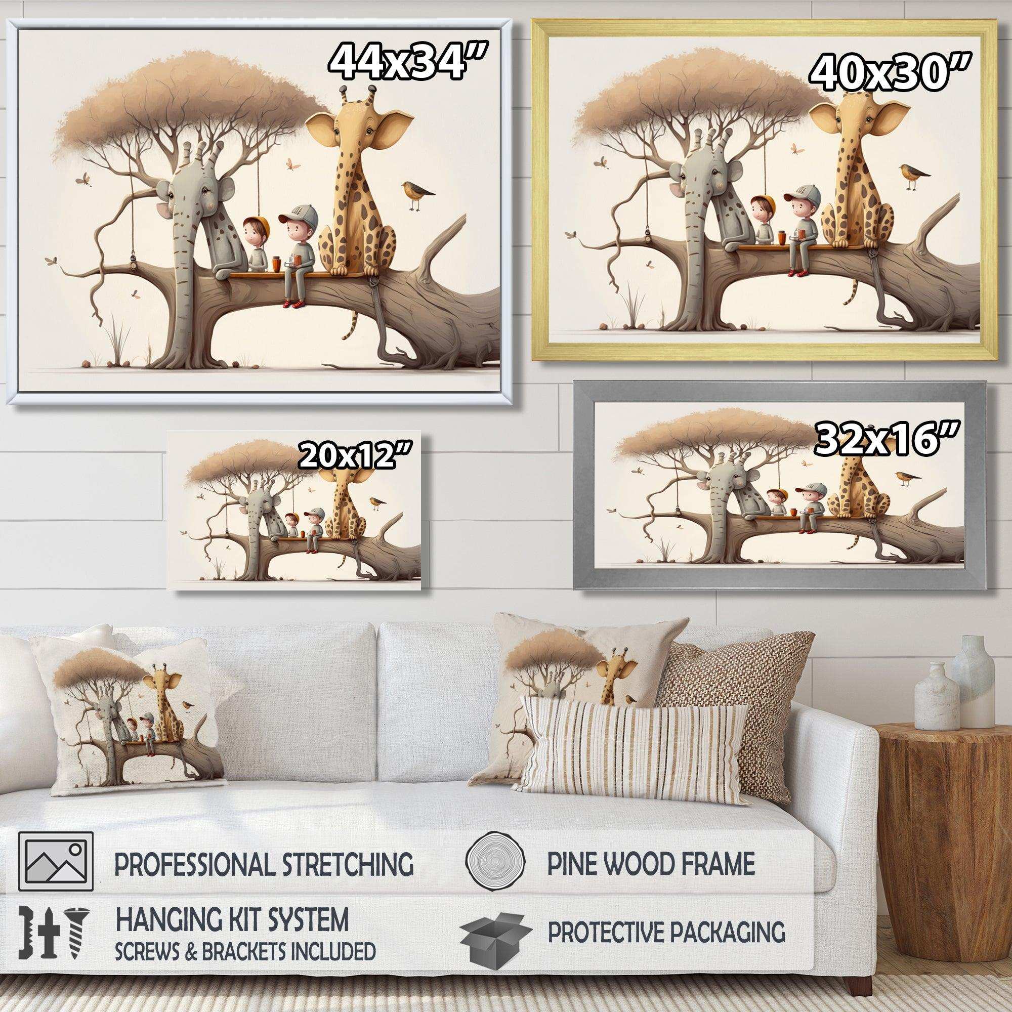Giraffe And Elephant With Kids - Animals Canvas Wall Art