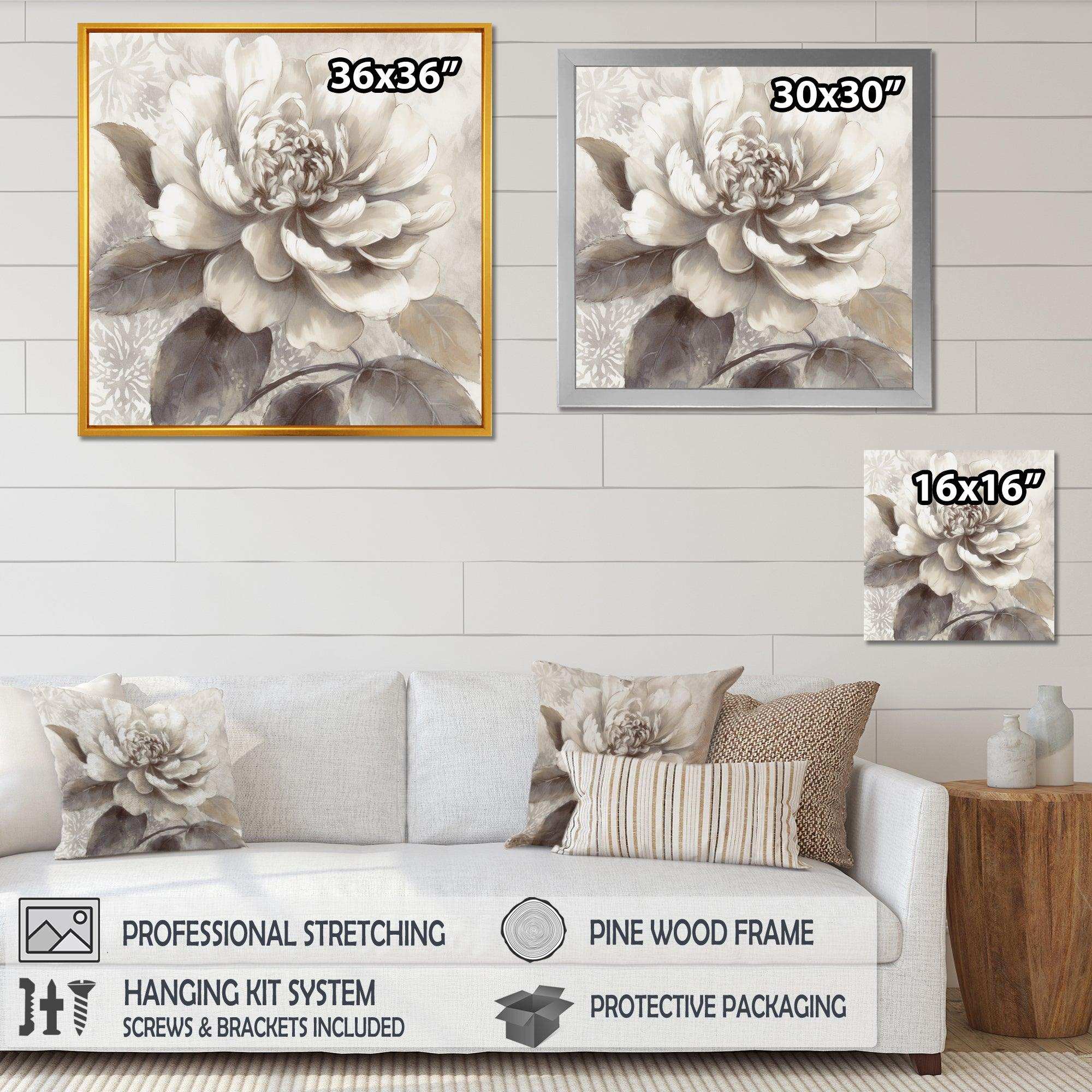 Grey Peonies On Branch II - Floral Canvas Wall Art
