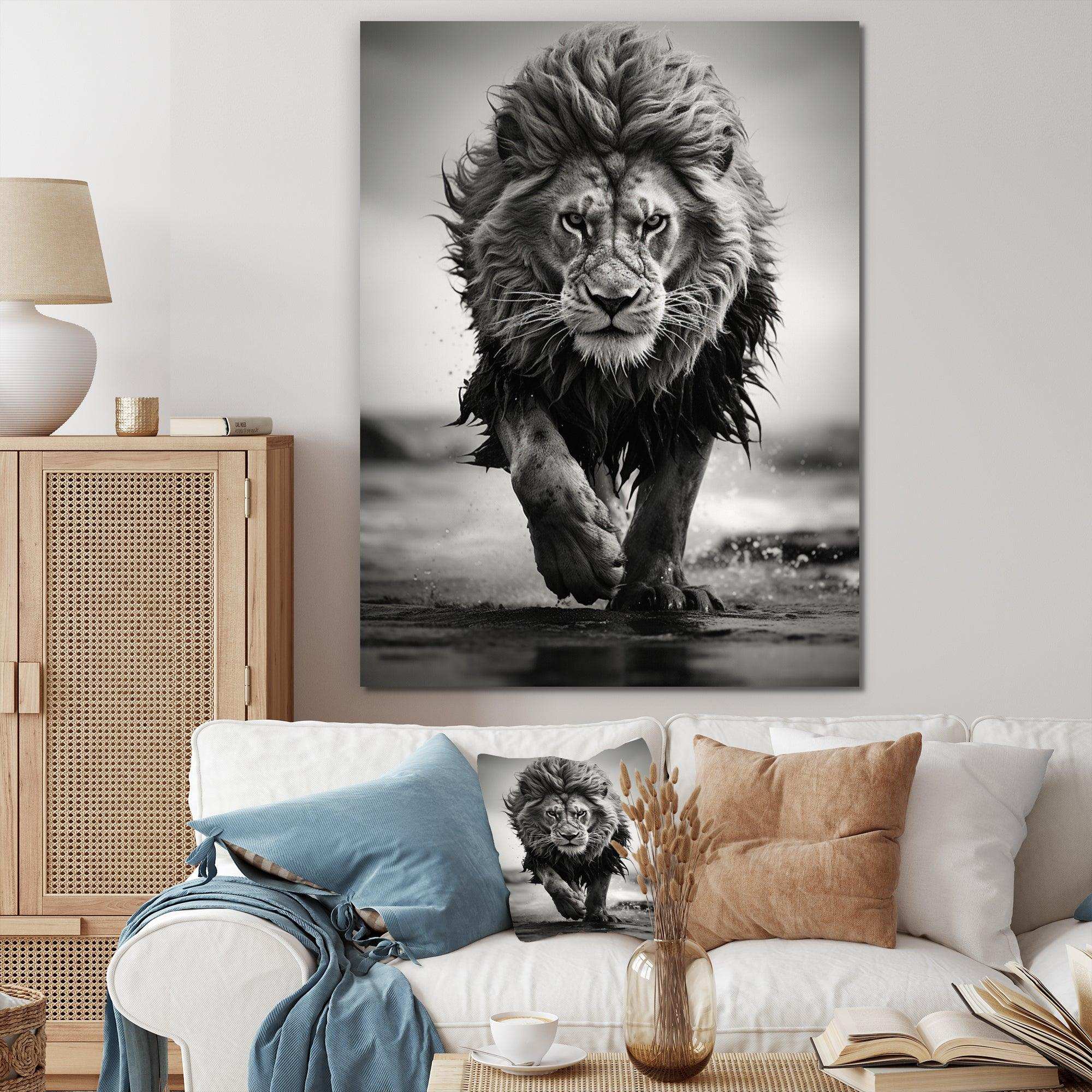 Black And White Lion Running In Africa - Animals Canvas Wall Art